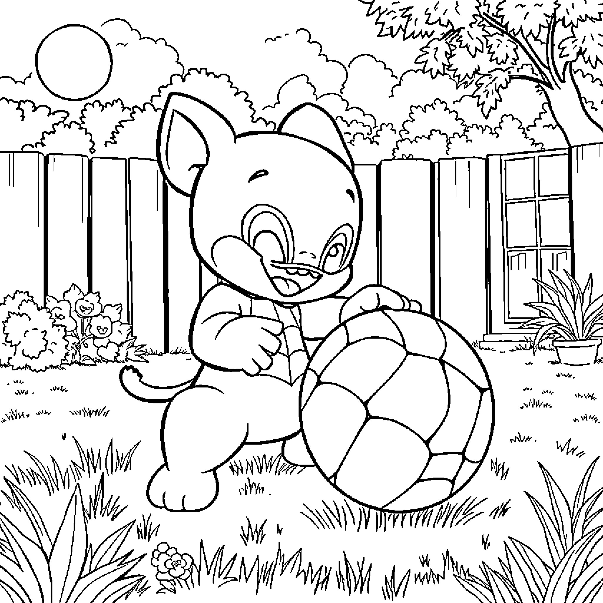 Bluey playing joyfully with a ball in the backyard Coloring Page (free black-and-white line drawing printable PDF for all, from beginners to advanced learners, including children, teens, adults, and seniors)