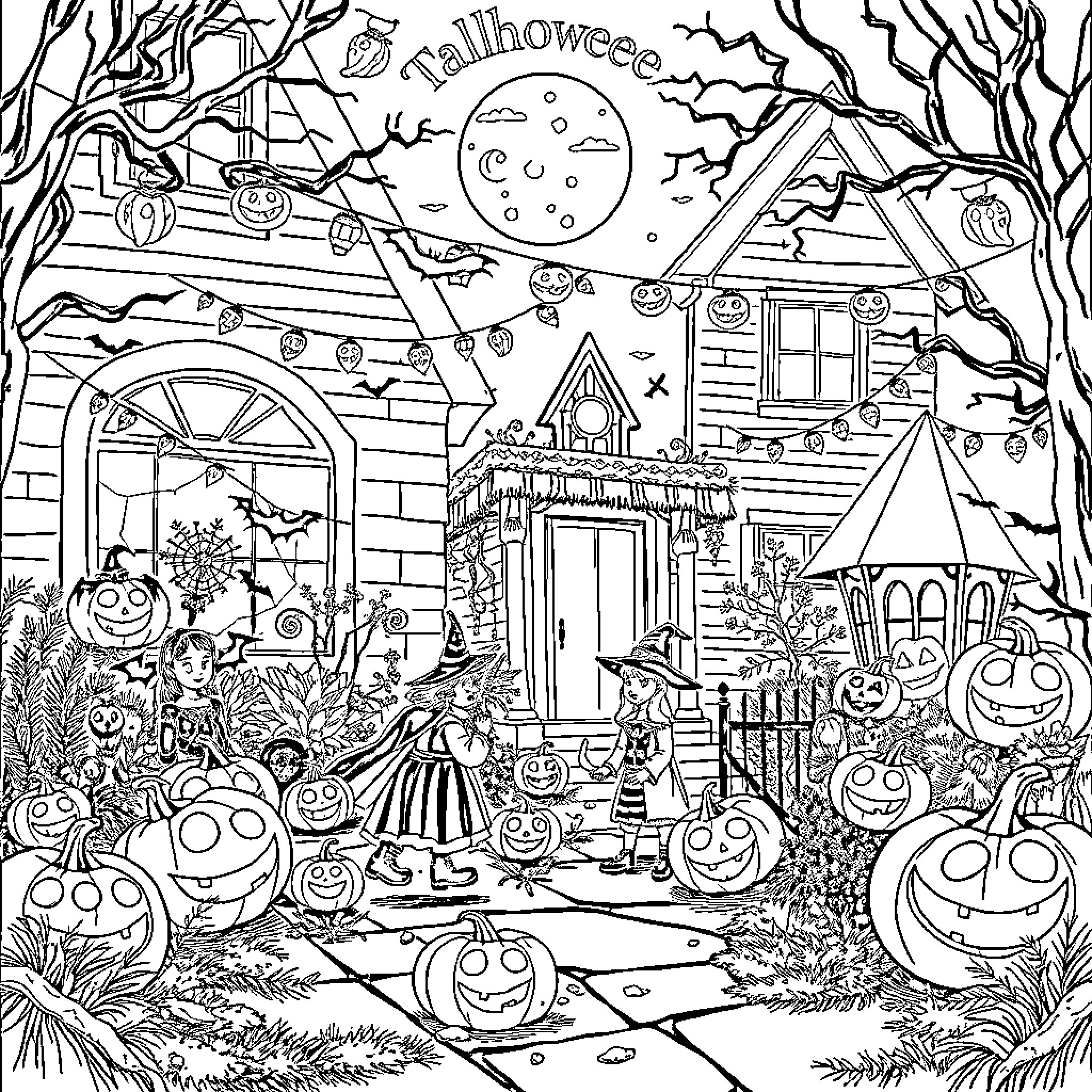 Halloween Spooky House Party with Jack-o'-Lanterns Coloring Page (free black-and-white line drawing printable PDF for all, from beginners to advanced learners, including children, teens, adults, and seniors)