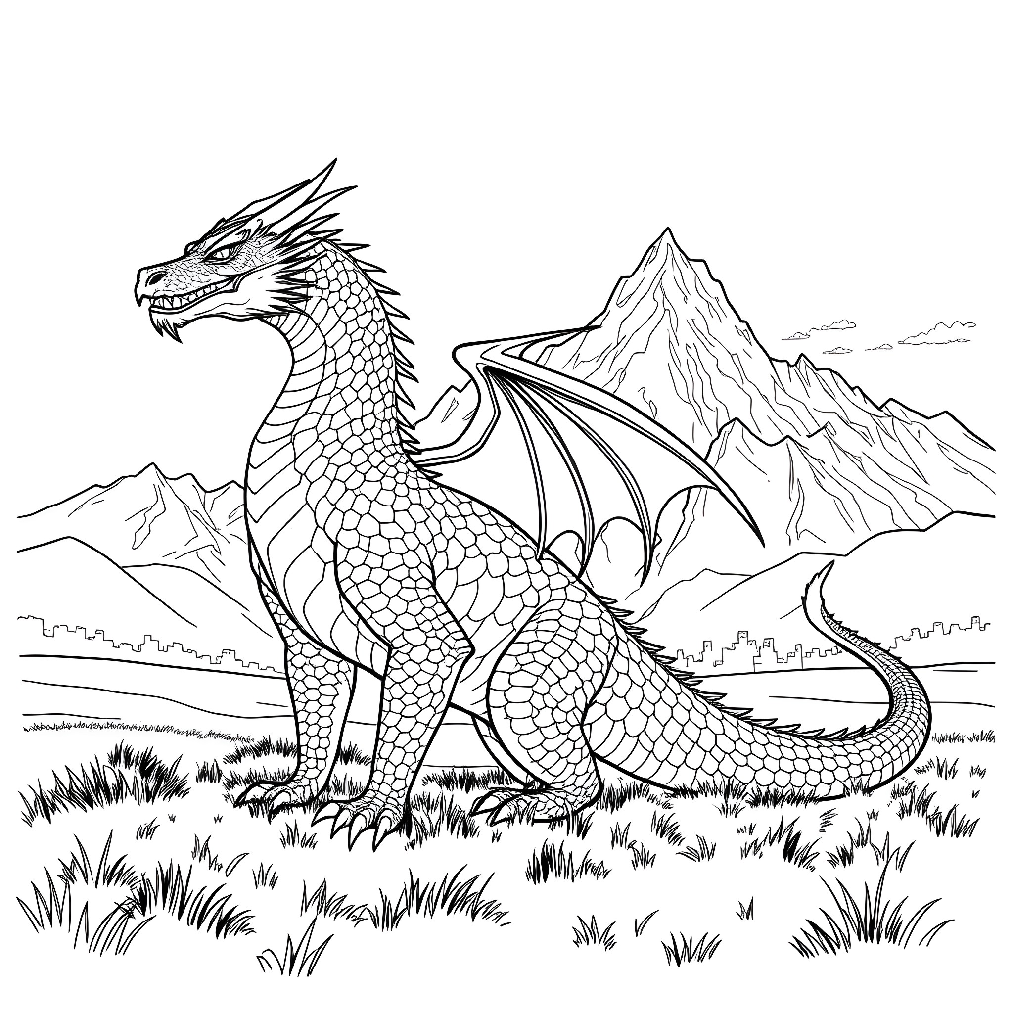Dragon soaring over majestic mountain landscape Coloring Page (free black-and-white line drawing printable PDF for all, from beginners to advanced learners, including children, teens, adults, and seniors)