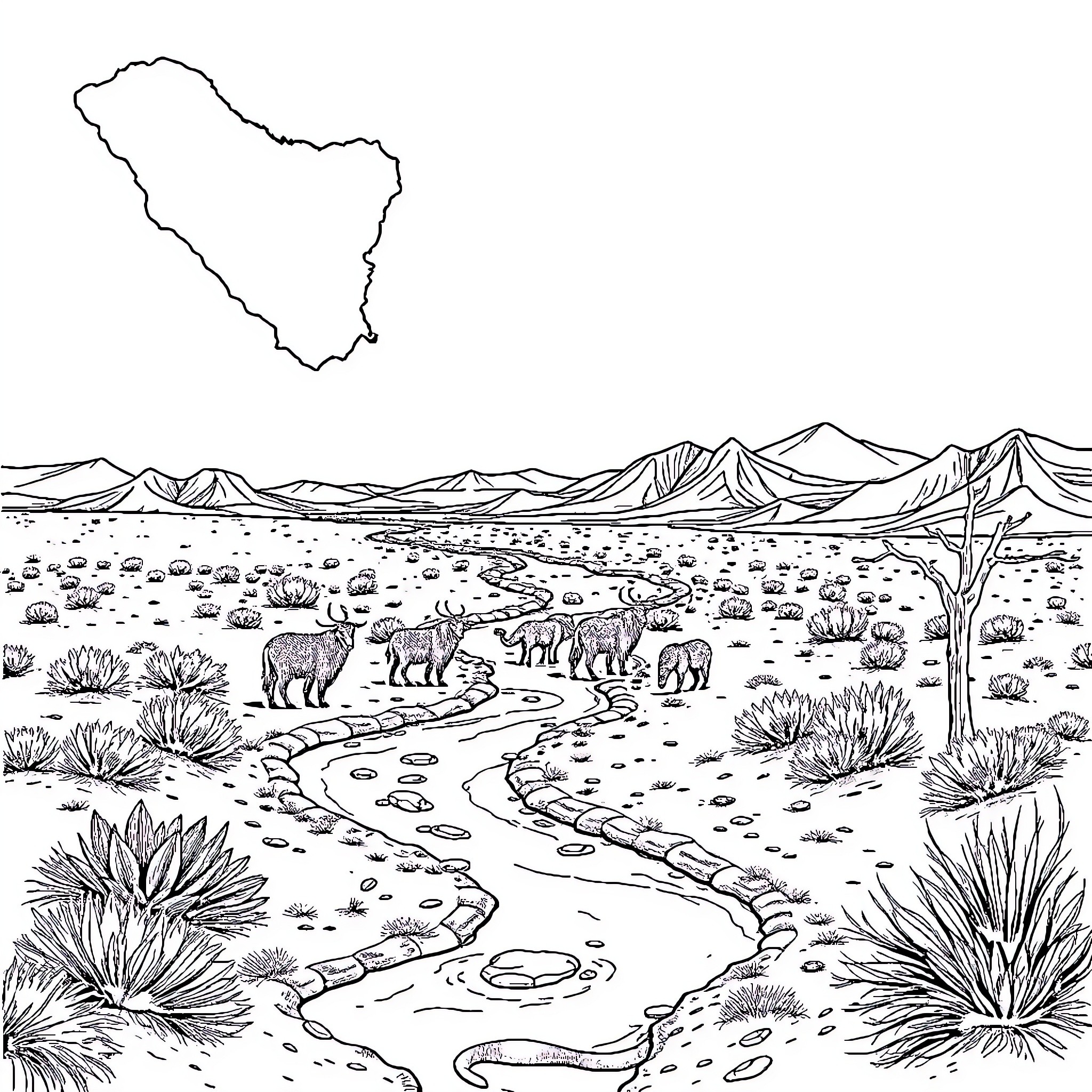 Guajira Desert Landscape with Wildlife Coloring Page (free black-and-white line drawing printable PDF for all, from beginners to advanced learners, including children, teens, adults, and seniors)