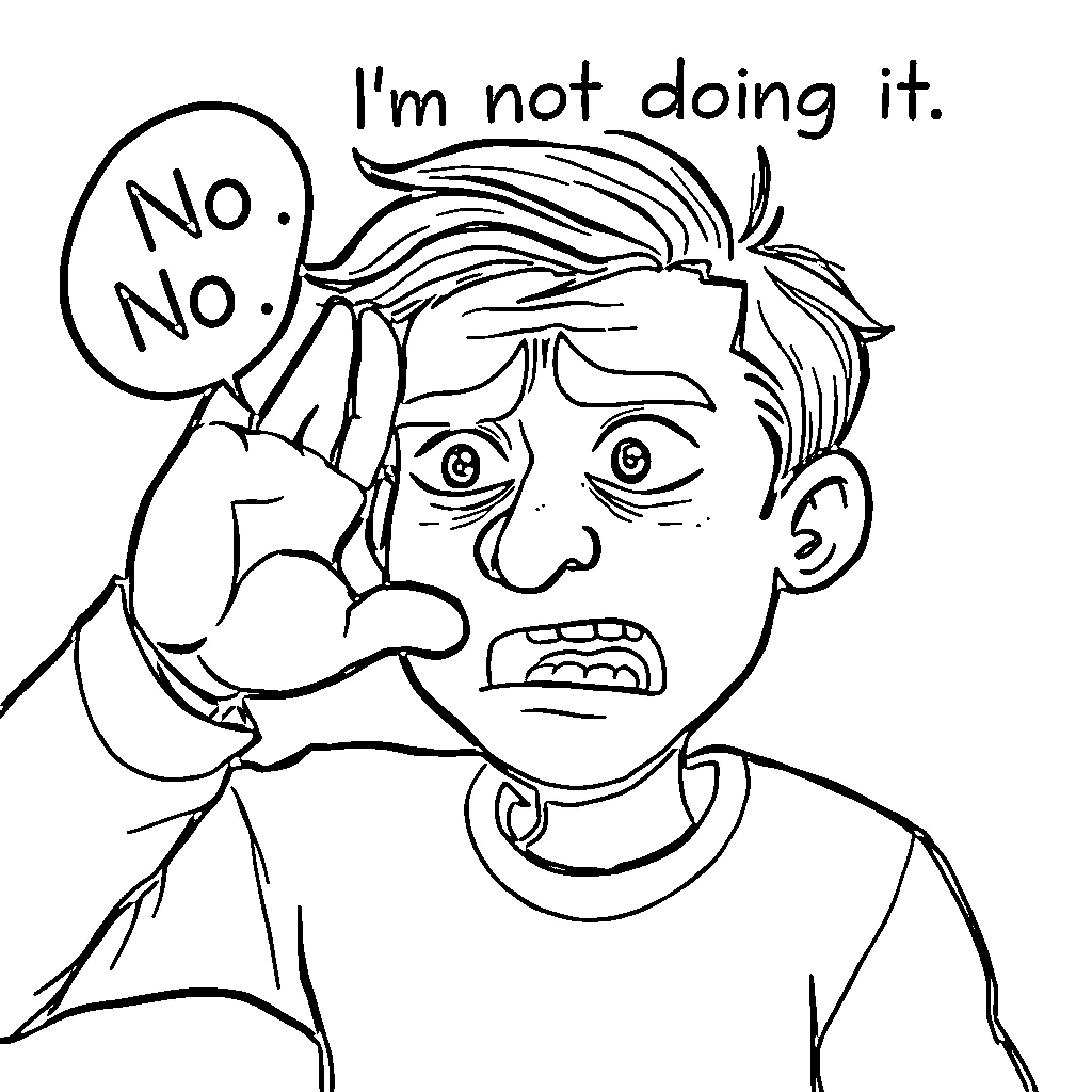 No. No. Man resisting with angry expression Coloring Page (free black-and-white line drawing printable PDF for all, from beginners to advanced learners, including children, teens, adults, and seniors)