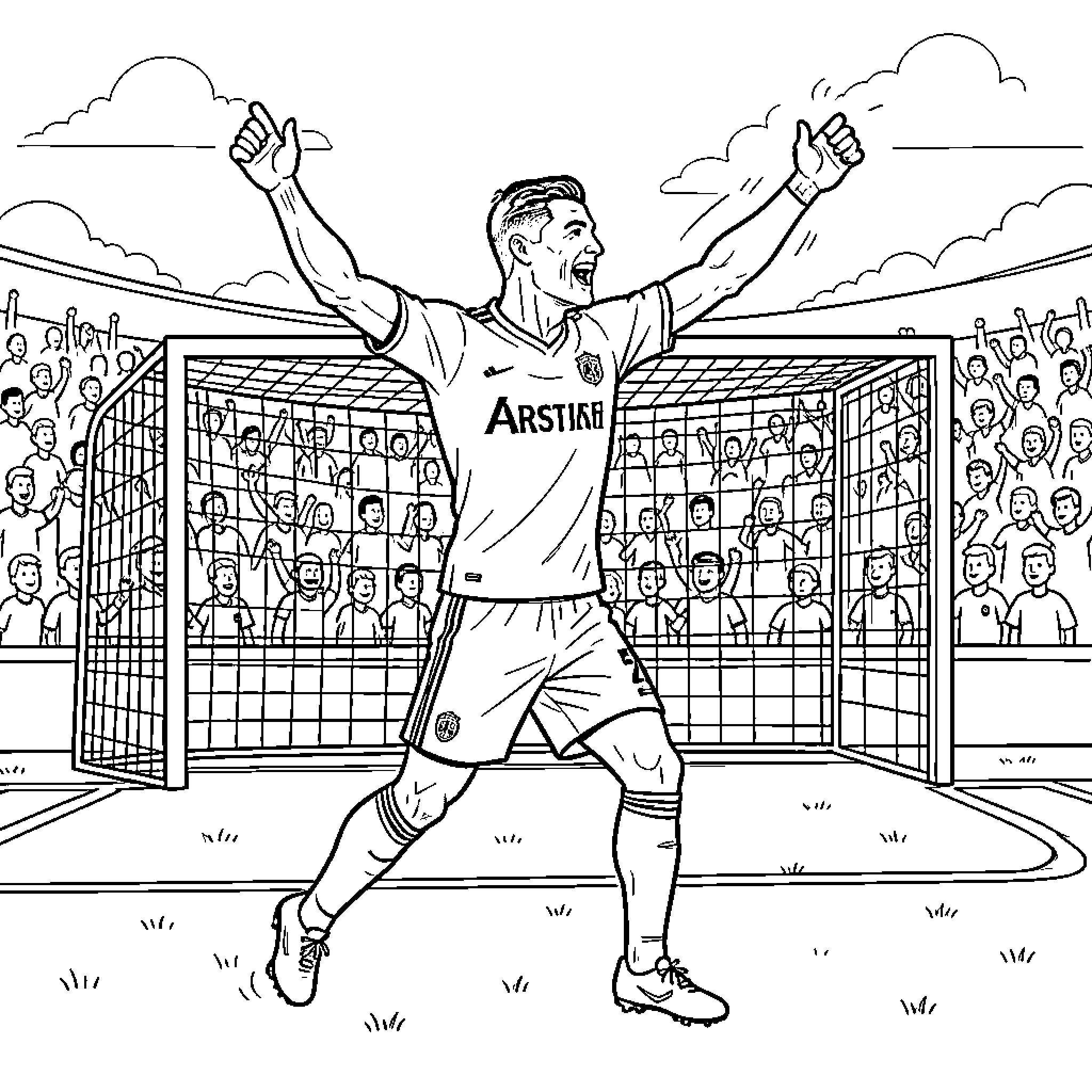 Cristiano Ronaldo celebrating a goal in a football stadium Coloring Page (free black-and-white line drawing printable PDF for all, from beginners to advanced learners, including children, teens, adults, and seniors)