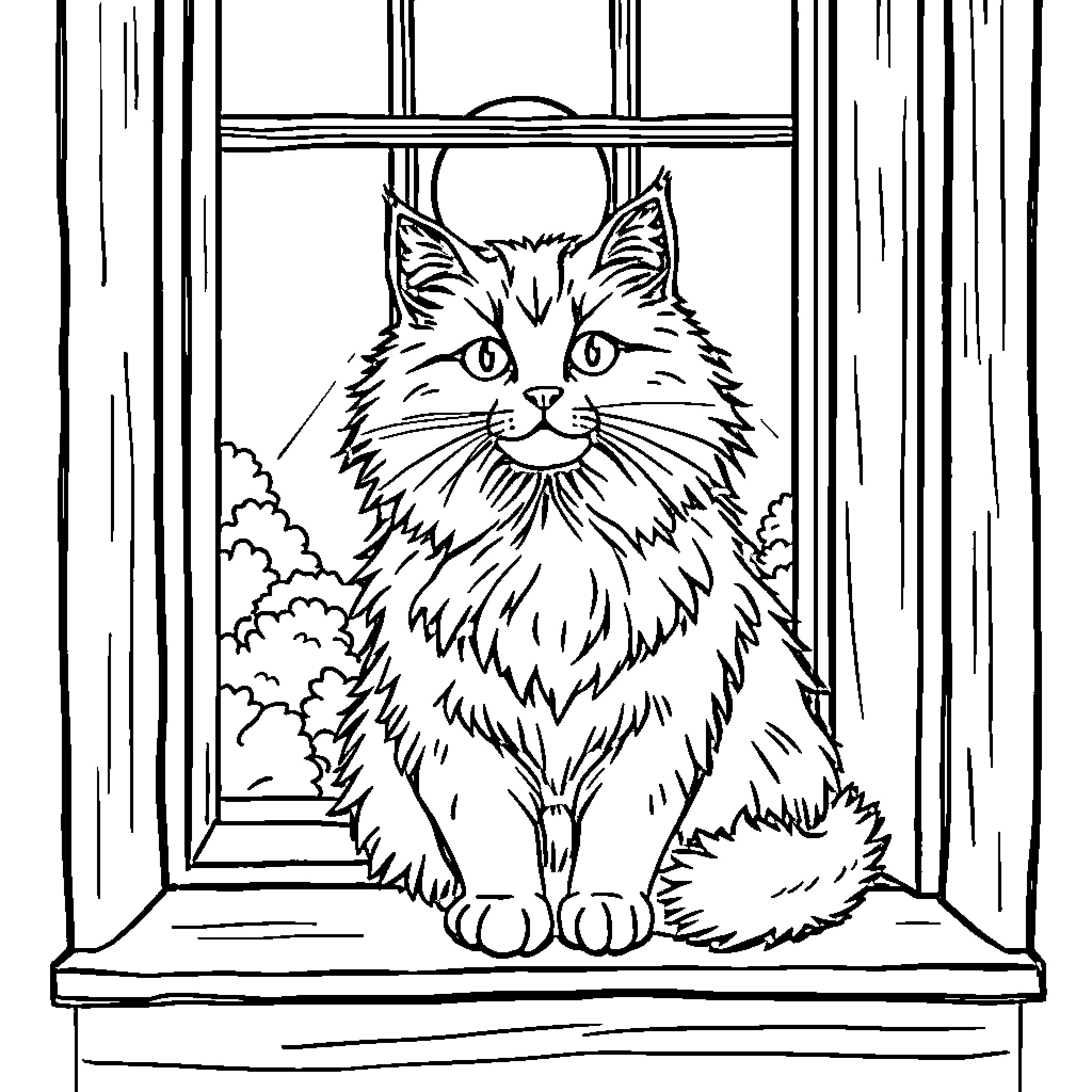 Cat gazing out the window Coloring Page (free black-and-white line drawing printable PDF for all, from beginners to advanced learners, including children, teens, adults, and seniors)