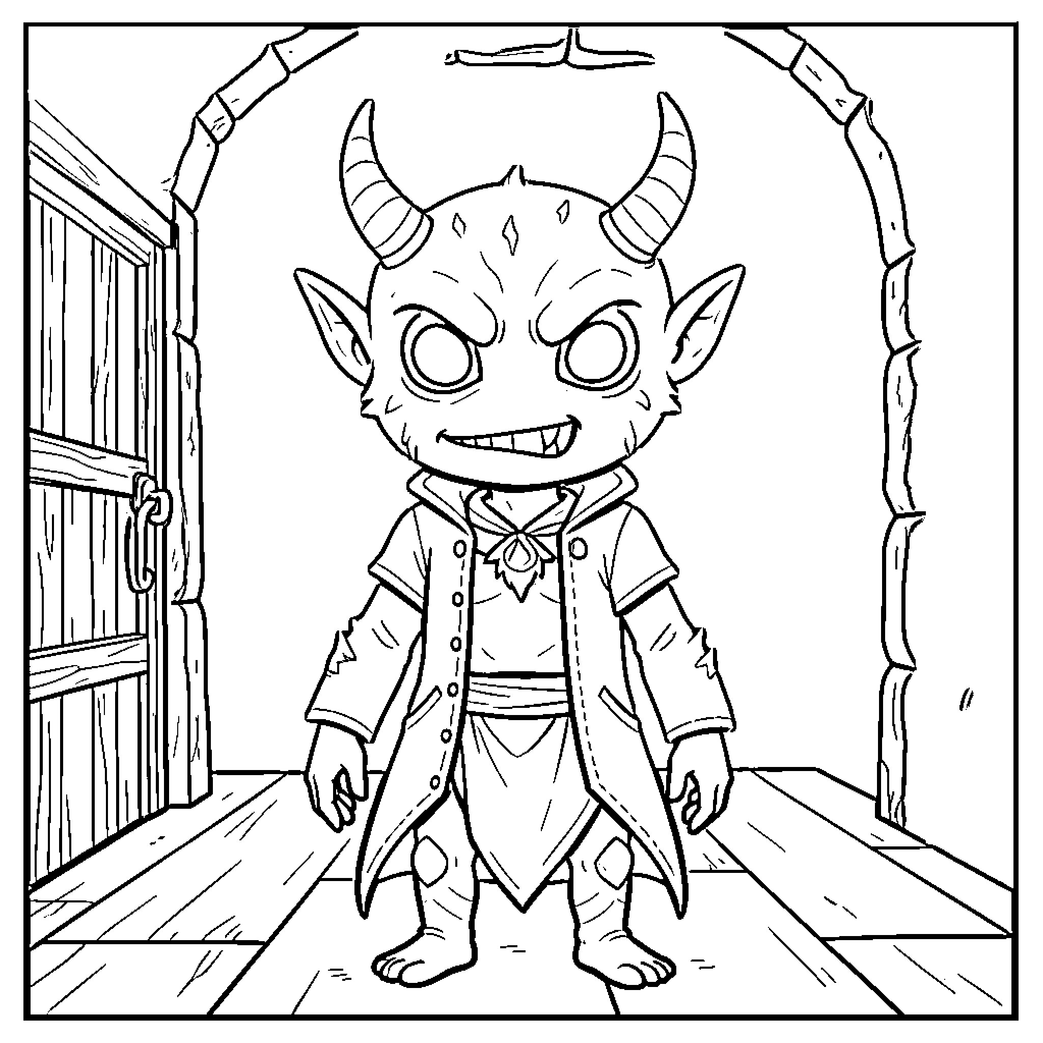 Demon with horns standing in a doorway Coloring Page (free black-and-white line drawing printable PDF for all, from beginners to advanced learners, including children, teens, adults, and seniors)
