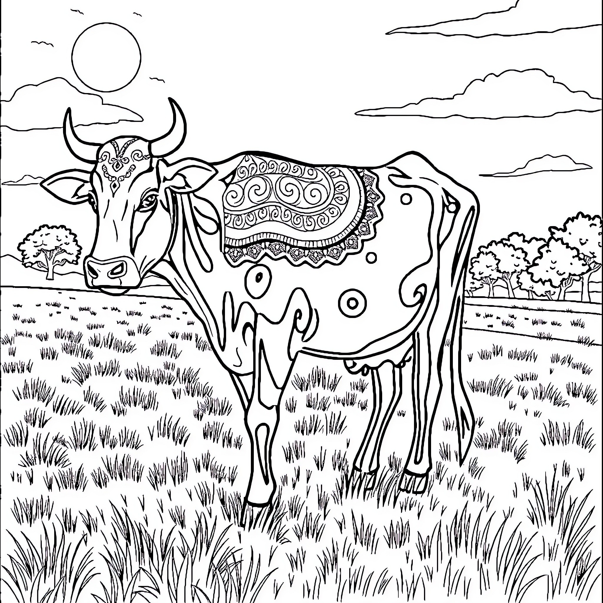 Cow with intricate patterns in a scenic landscape Coloring Page (free black-and-white line drawing printable PDF for all, from beginners to advanced learners, including children, teens, adults, and seniors)