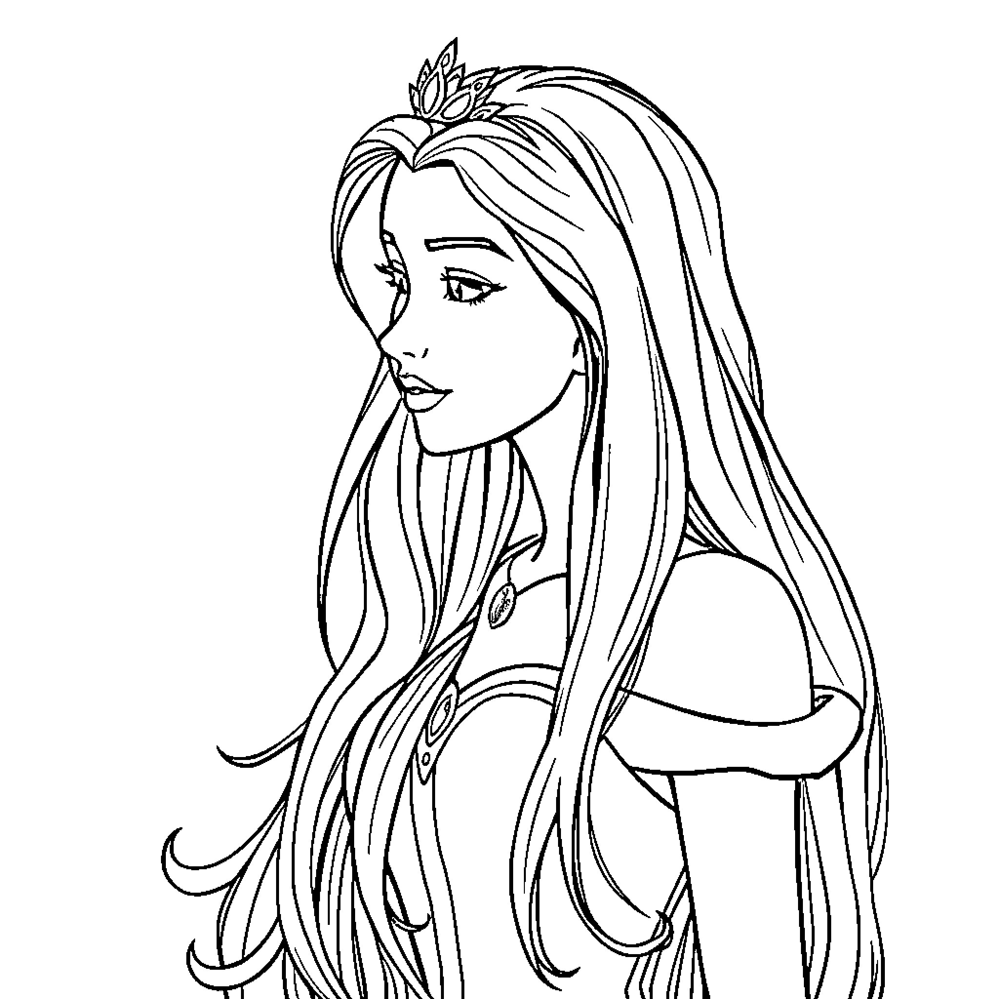 Princess with long hair wearing a tiara Coloring Page (free black-and-white line drawing printable PDF for all, from beginners to advanced learners, including children, teens, adults, and seniors)