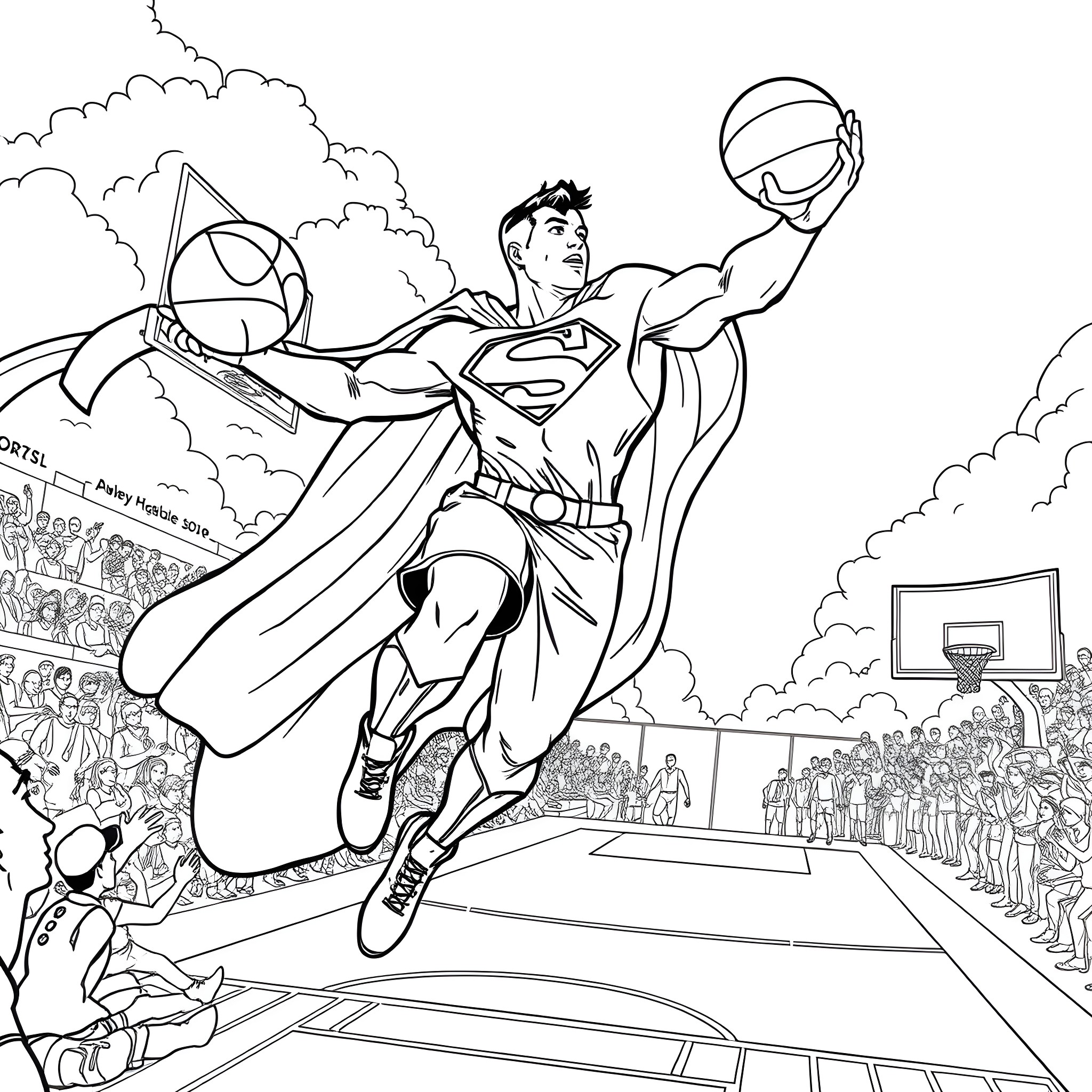 Superman's Heroic Basketball Dunk Coloring Page (free black-and-white line drawing printable PDF for all, from beginners to advanced learners, including children, teens, adults, and seniors)
