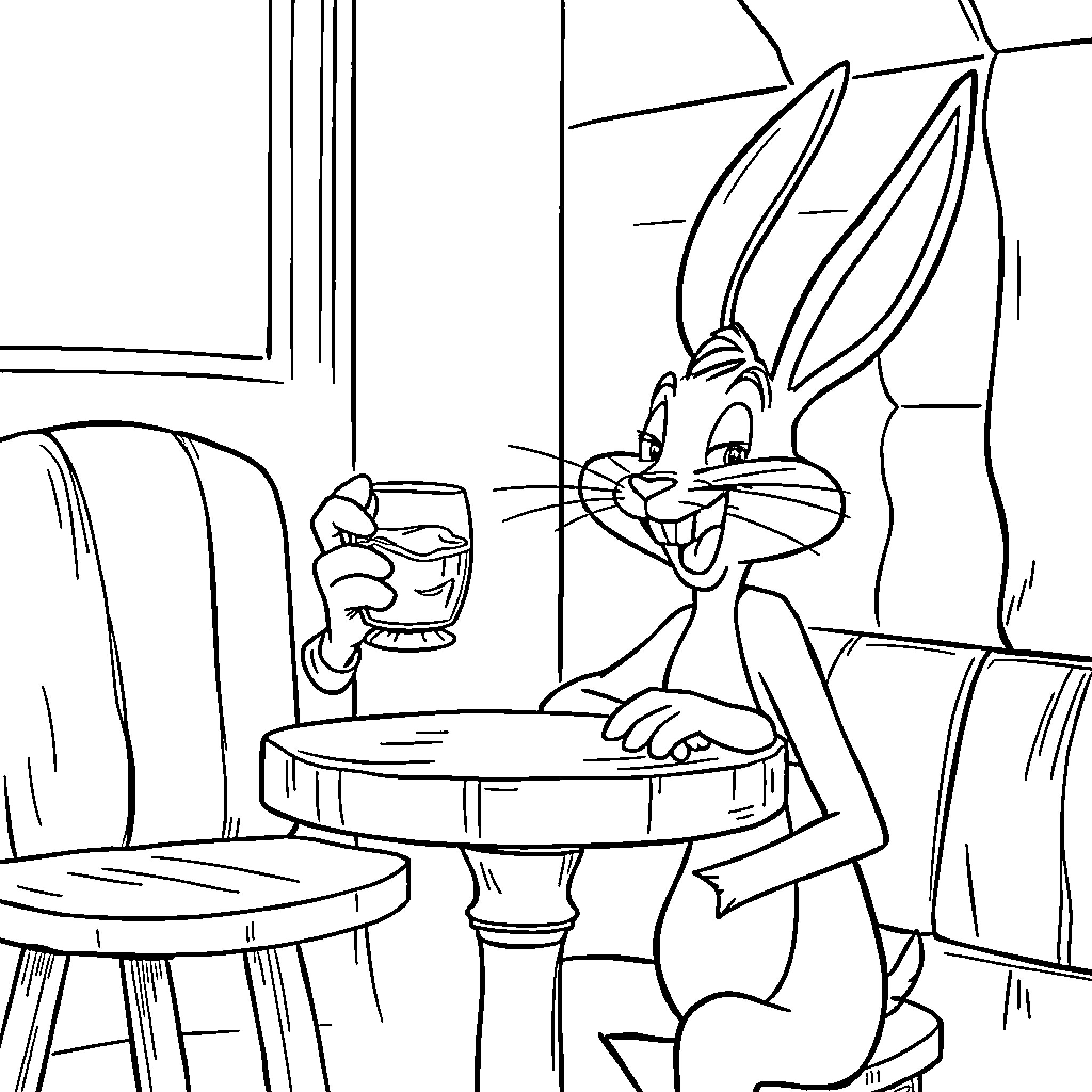 Roger Rabbit enjoying a drink in the living room Coloring Page (free black-and-white line drawing printable PDF for all, from beginners to advanced learners, including children, teens, adults, and seniors)
