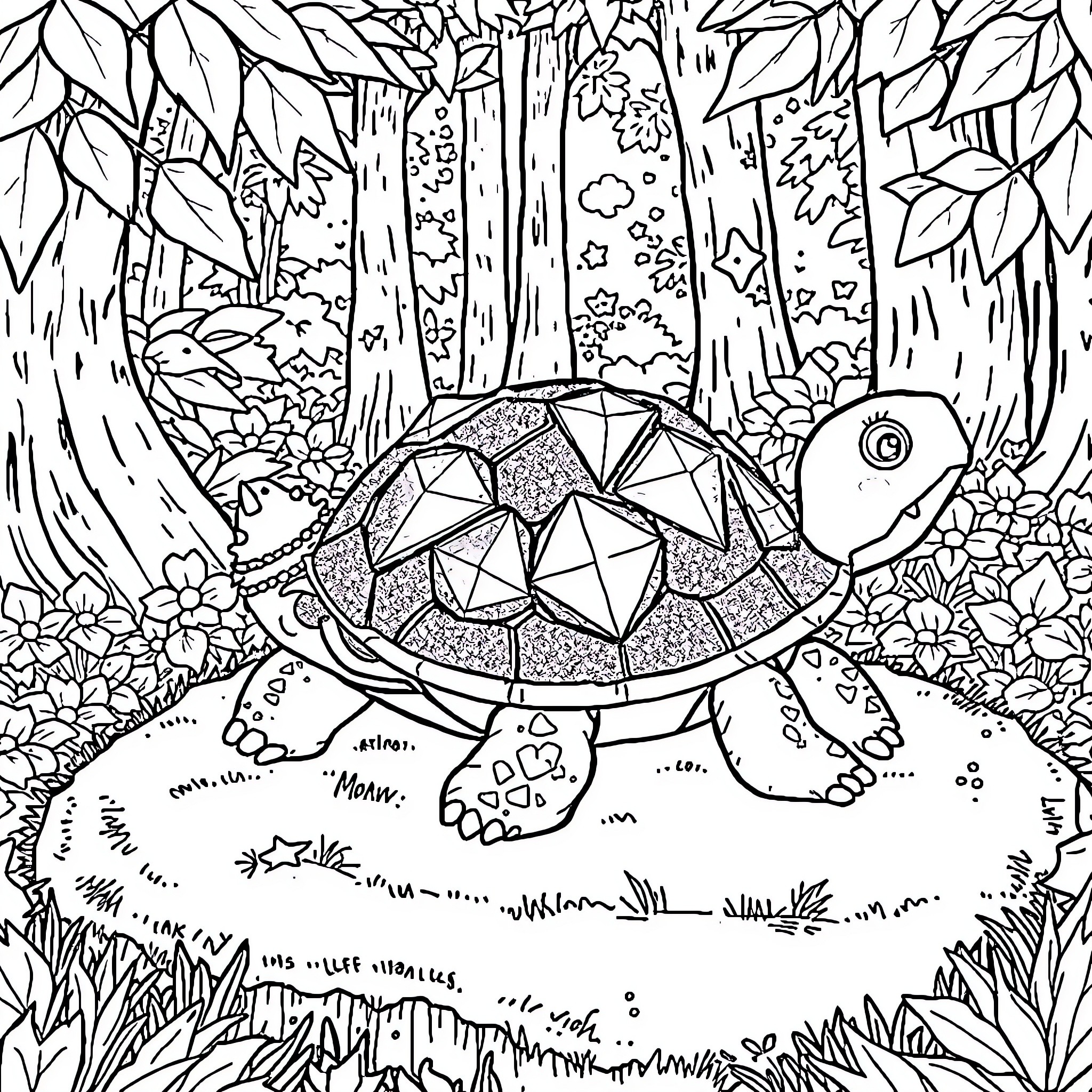 Turtle exploring the lush forest Coloring Page (free black-and-white line drawing printable PDF for all, from beginners to advanced learners, including children, teens, adults, and seniors)