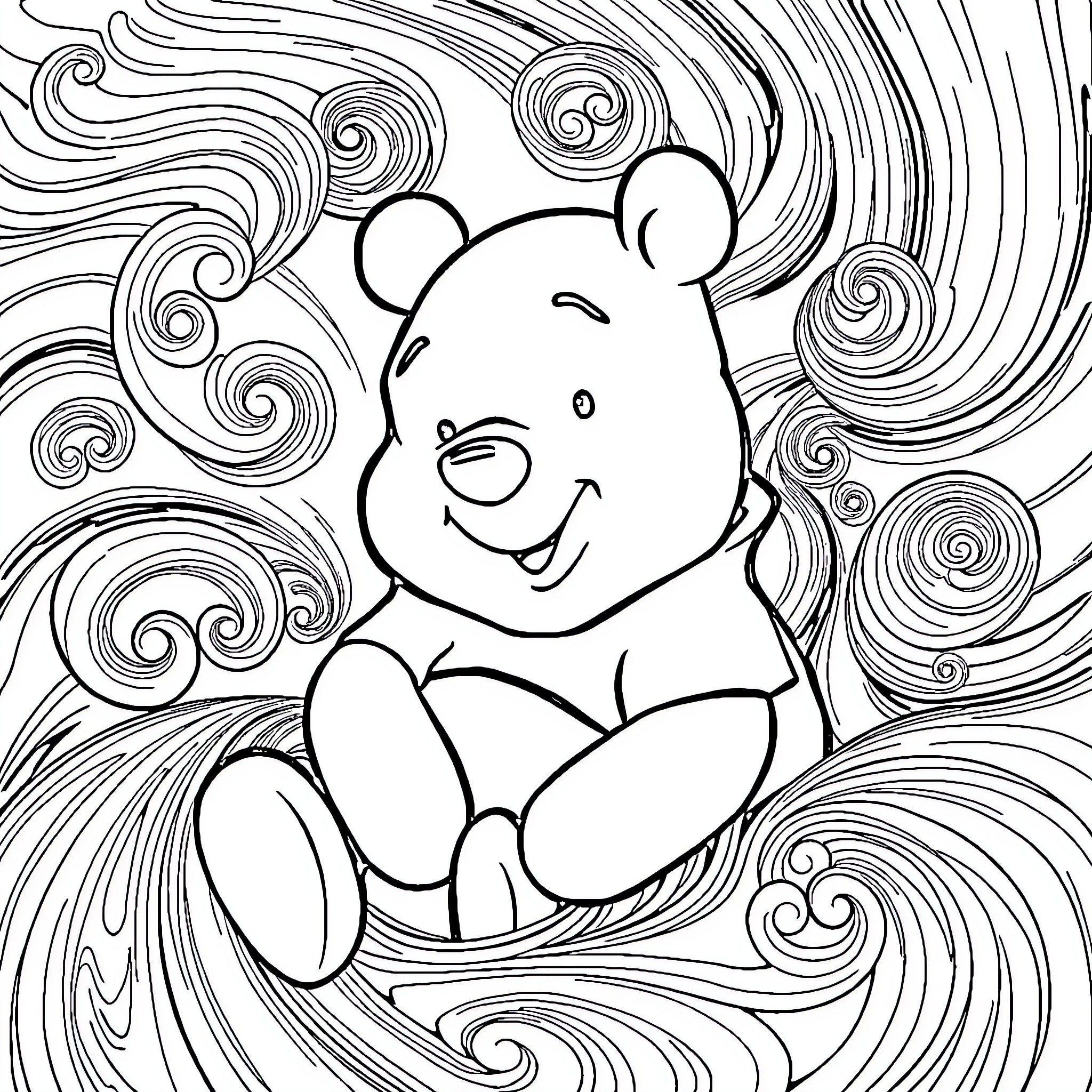 Winnie The Pooh in a Whimsical Illustration Coloring Page (free black-and-white line drawing printable PDF for all, from beginners to advanced learners, including children, teens, adults, and seniors)