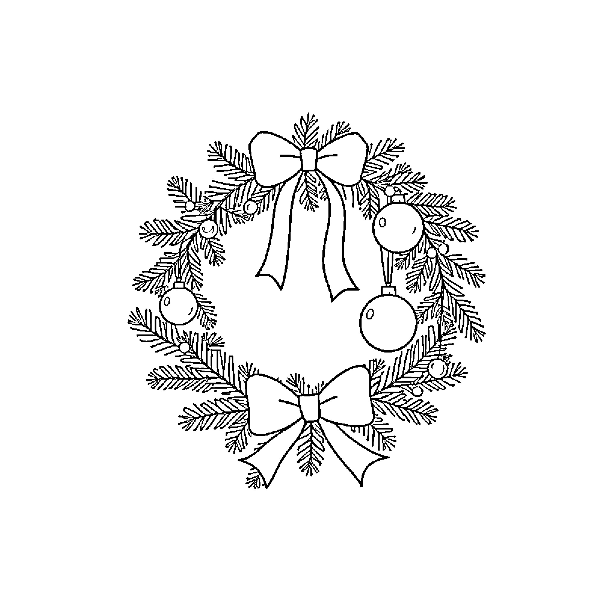 Wreath with Bows and Ornaments Coloring Page (free black-and-white line drawing printable PDF for all, from beginners to advanced learners, including children, teens, adults, and seniors)
