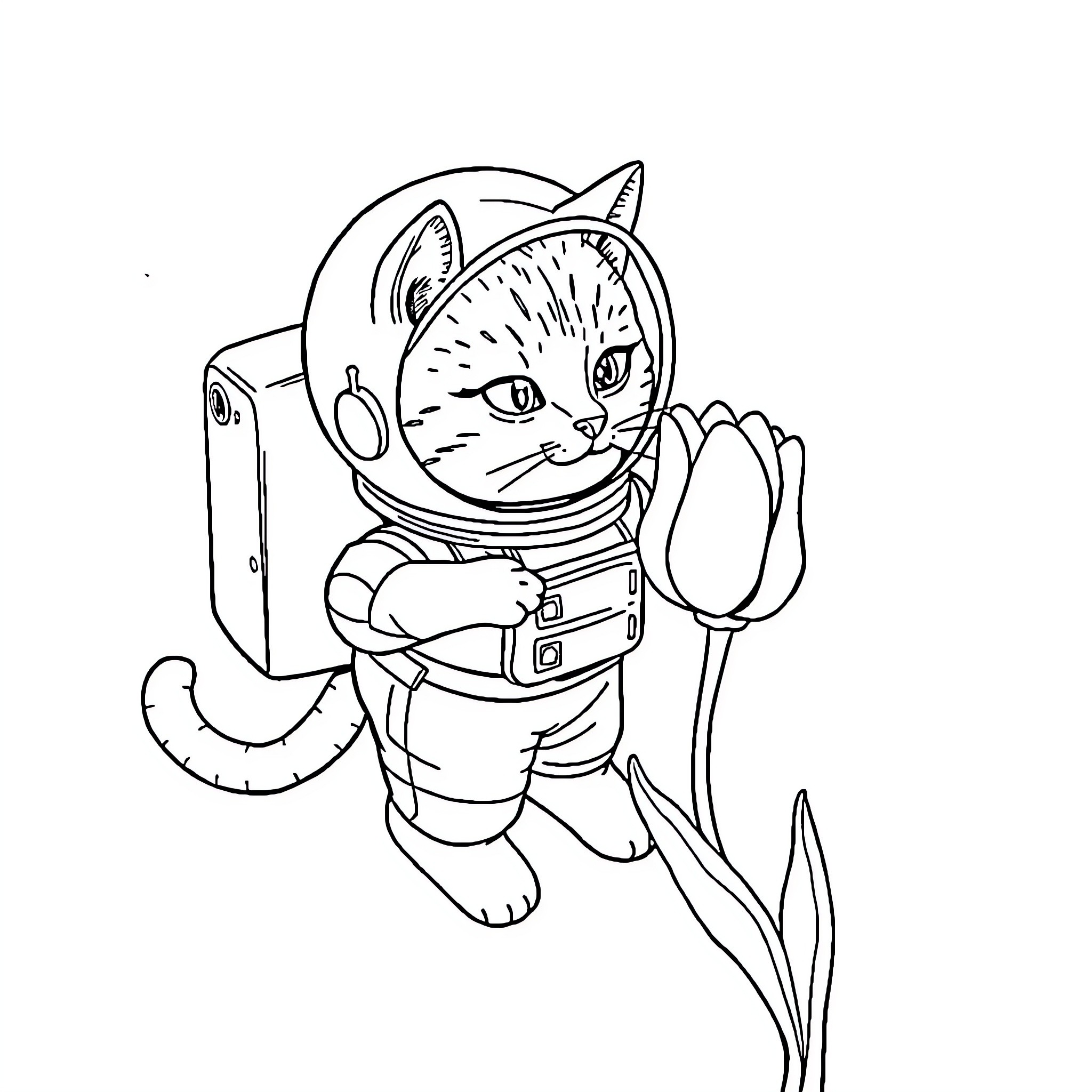 Cat Astronaut Exploring Blooming Flowers Coloring Page (free black-and-white line drawing printable PDF for all, from beginners to advanced learners, including children, teens, adults, and seniors)
