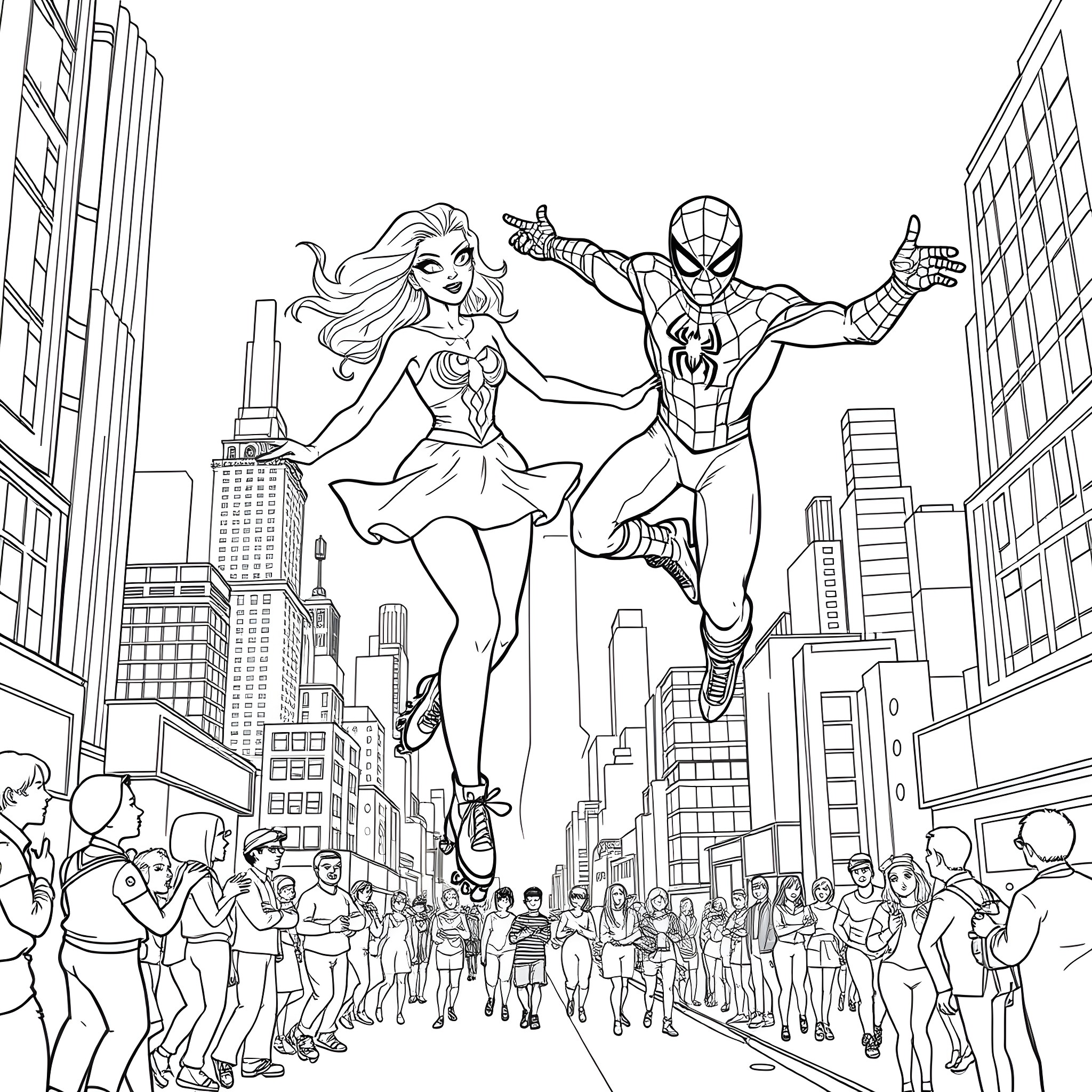 Miss Rachel and Spider-Man saving the city together Coloring Page (free black-and-white line drawing printable PDF for all, from beginners to advanced learners, including children, teens, adults, and seniors)