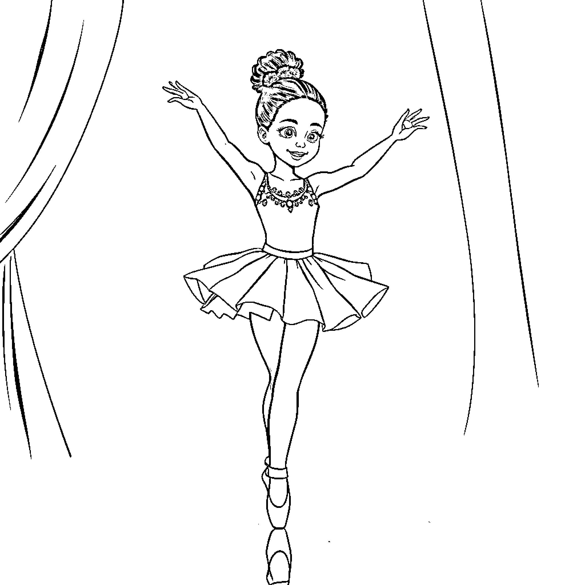 Ballet Girl Performing Graceful Dance on Stage Coloring Page (free black-and-white line drawing printable PDF for all, from beginners to advanced learners, including children, teens, adults, and seniors)