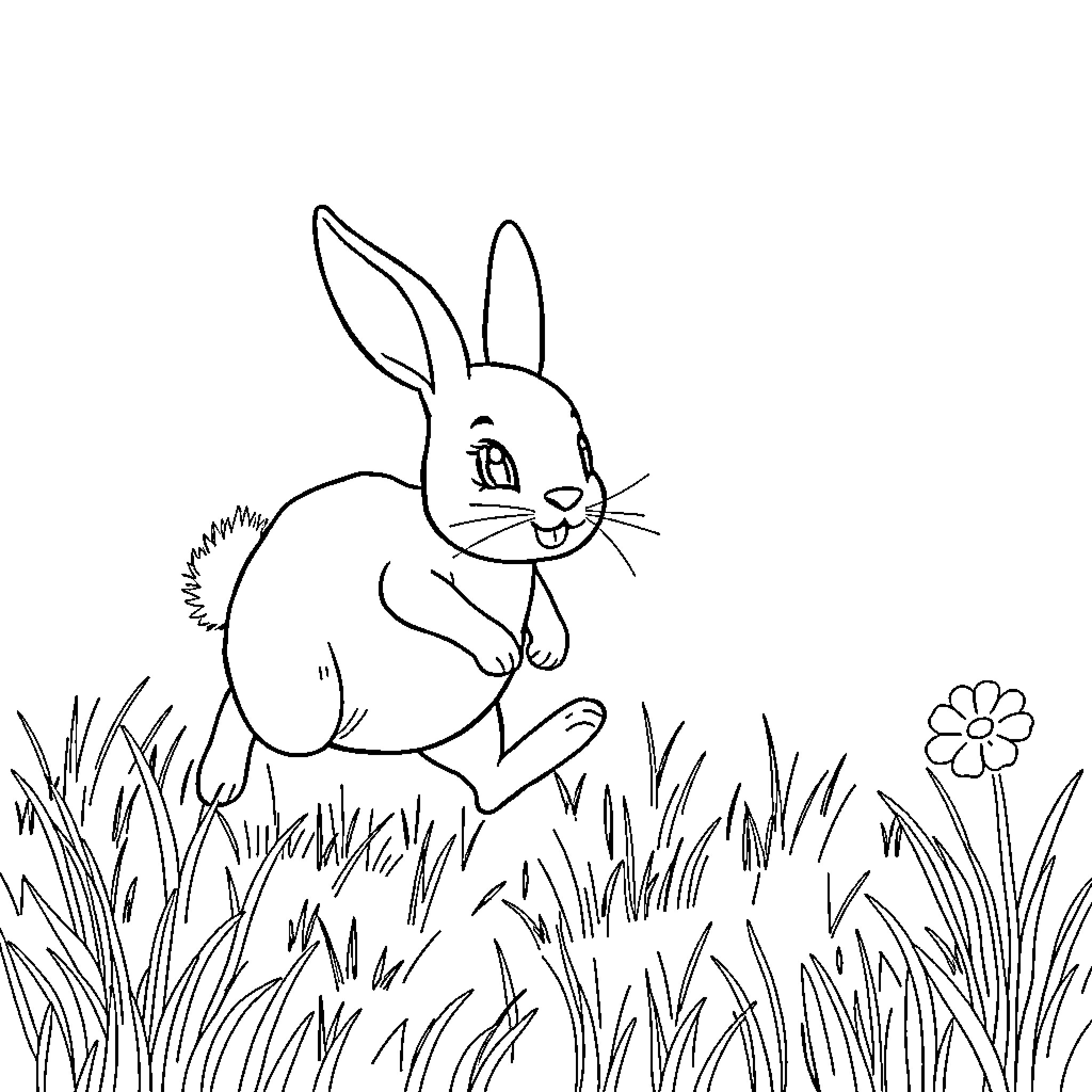 Bunny hopping through the garden Coloring Page (free black-and-white line drawing printable PDF for all, from beginners to advanced learners, including children, teens, adults, and seniors)