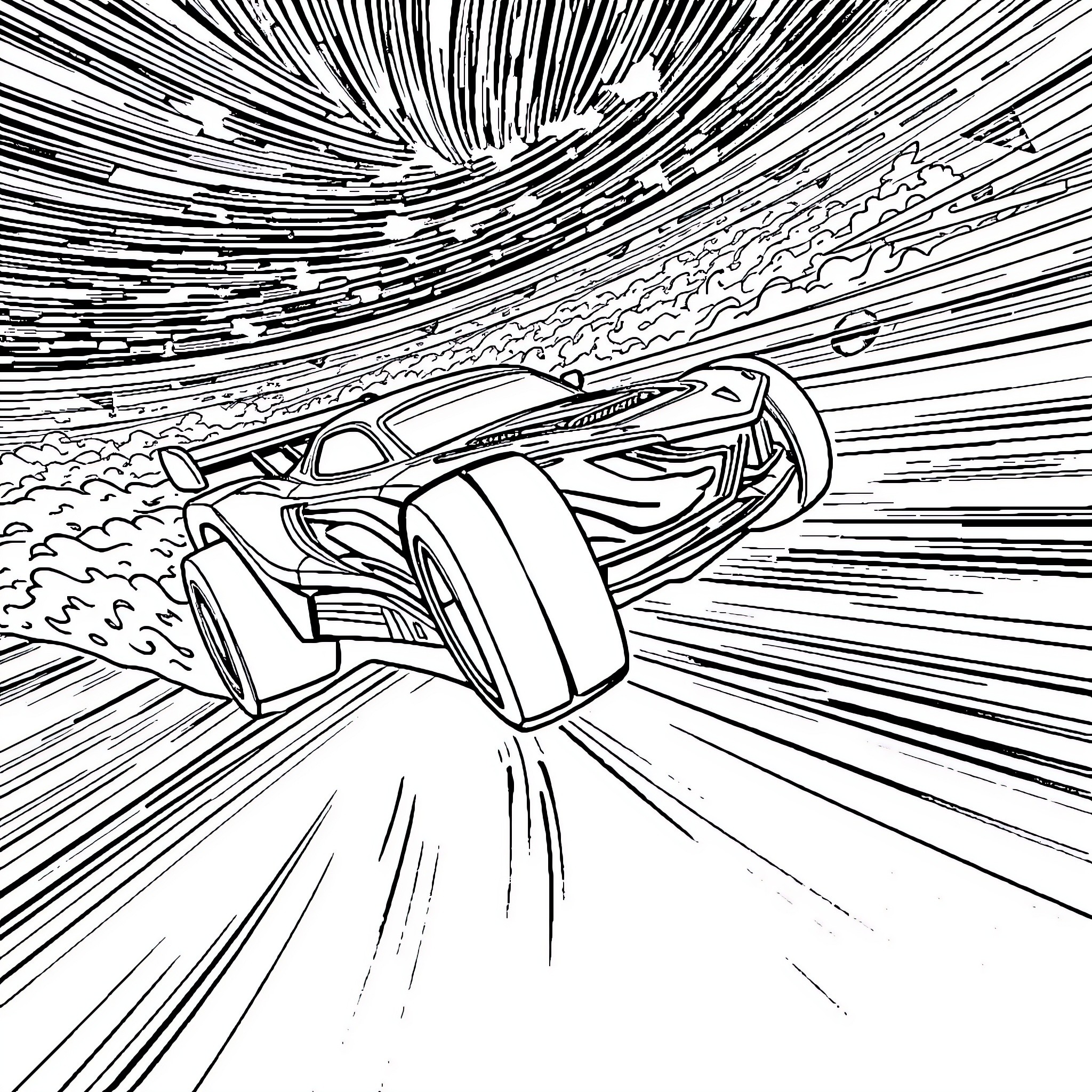 Hot Wheels racing car speeding through the track Coloring Page (free black-and-white line drawing printable PDF for all, from beginners to advanced learners, including children, teens, adults, and seniors)