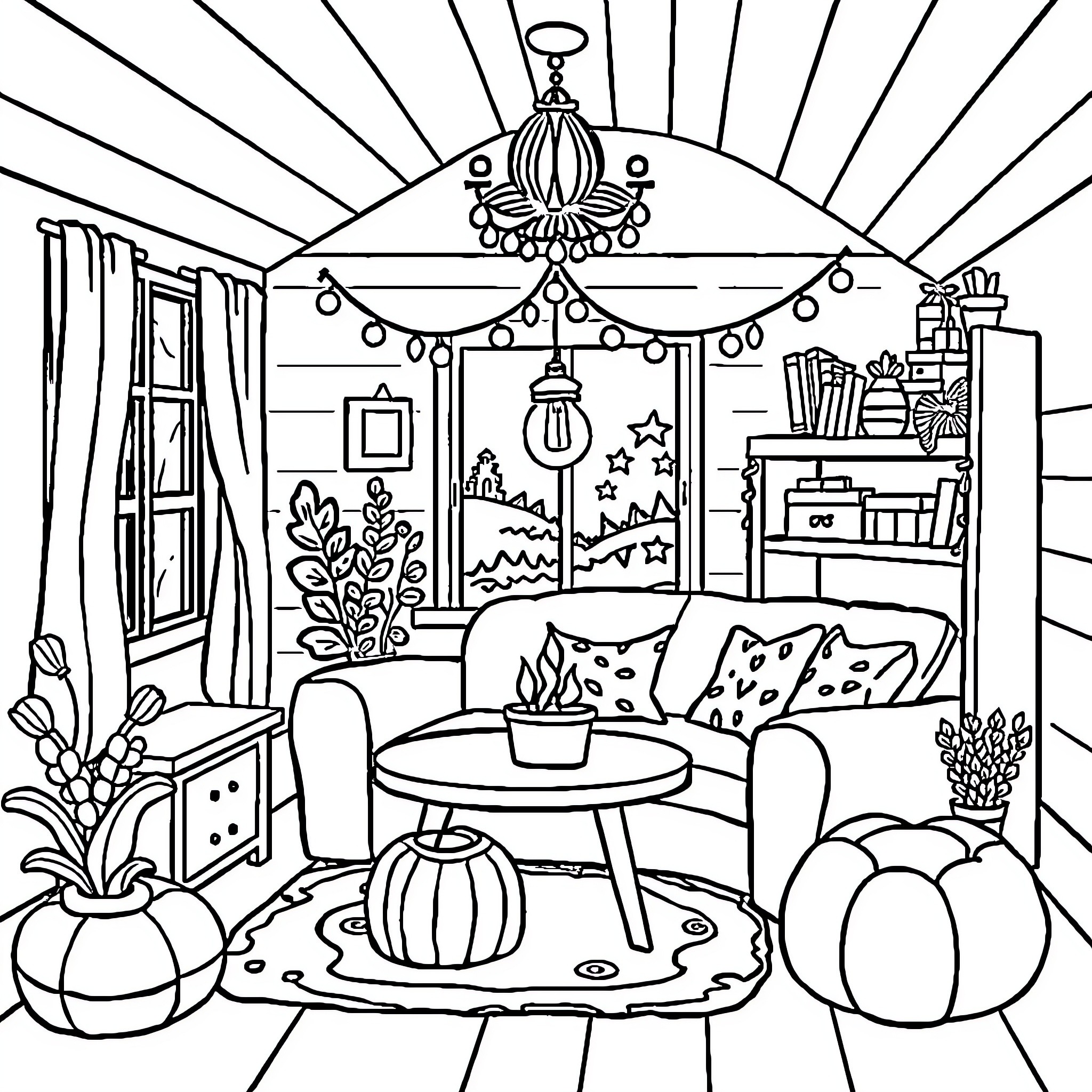 Book of a cozy and decorated living room Coloring Page (free black-and-white line drawing printable PDF for all, from beginners to advanced learners, including children, teens, adults, and seniors)