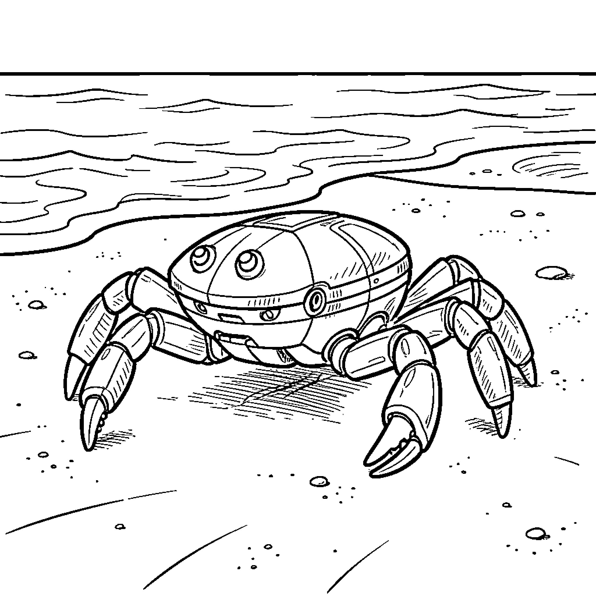 Crab-like Robot Exploring the Seabed Coloring Page (free black-and-white line drawing printable PDF for all, from beginners to advanced learners, including children, teens, adults, and seniors)
