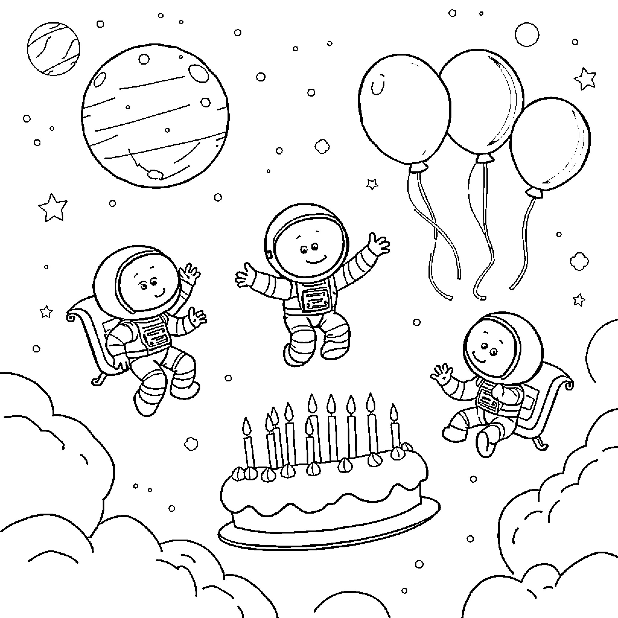 Astronauts celebrating in outer space Coloring Page (free black-and-white line drawing printable PDF for all, from beginners to advanced learners, including children, teens, adults, and seniors)