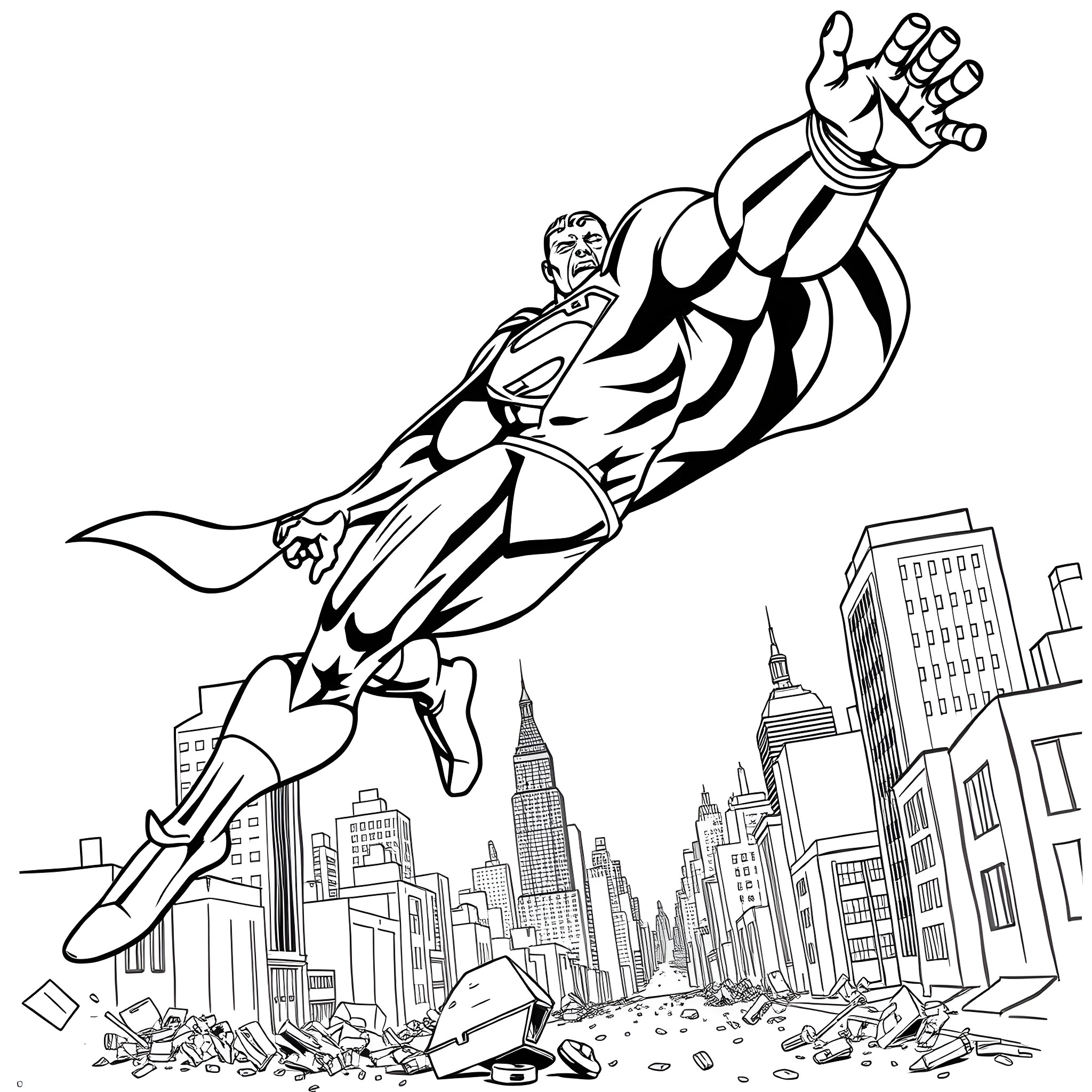 Zombie superhero saves the city from destruction Coloring Page (free black-and-white line drawing printable PDF for all, from beginners to advanced learners, including children, teens, adults, and seniors)