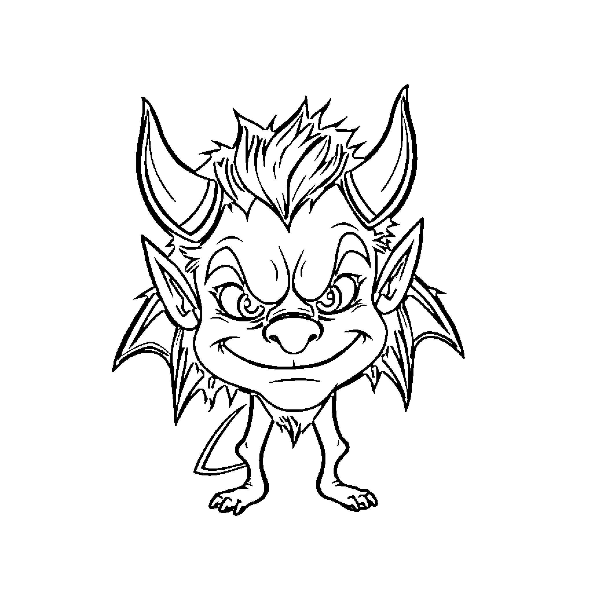 Devil-like Creature with Mischievous Grin and Horns Coloring Page (free black-and-white line drawing printable PDF for all, from beginners to advanced learners, including children, teens, adults, and seniors)