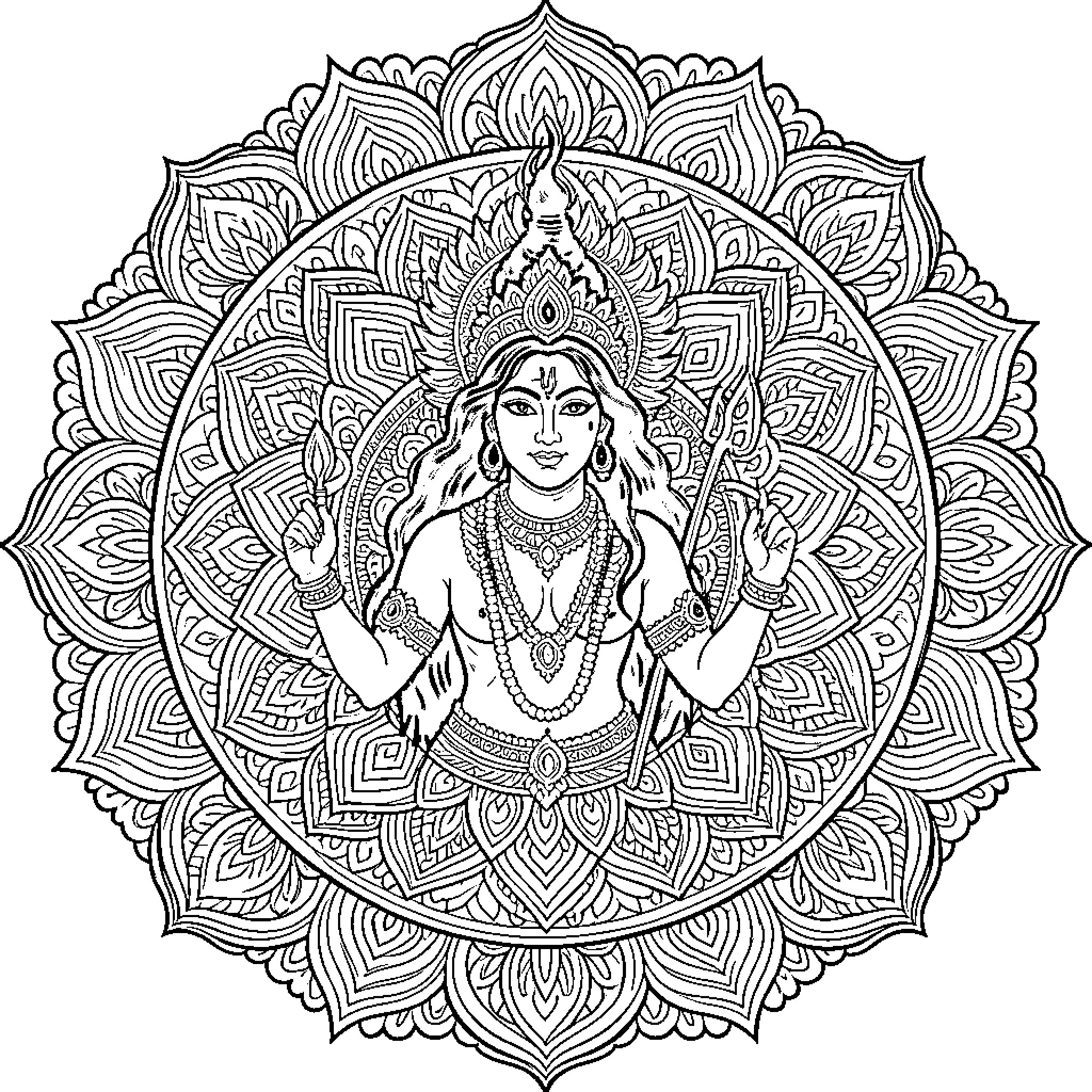 Kali wearing ornate jewelry and a crown holding ritual items Coloring Page (free black-and-white line drawing printable PDF for all, from beginners to advanced learners, including children, teens, adults, and seniors)