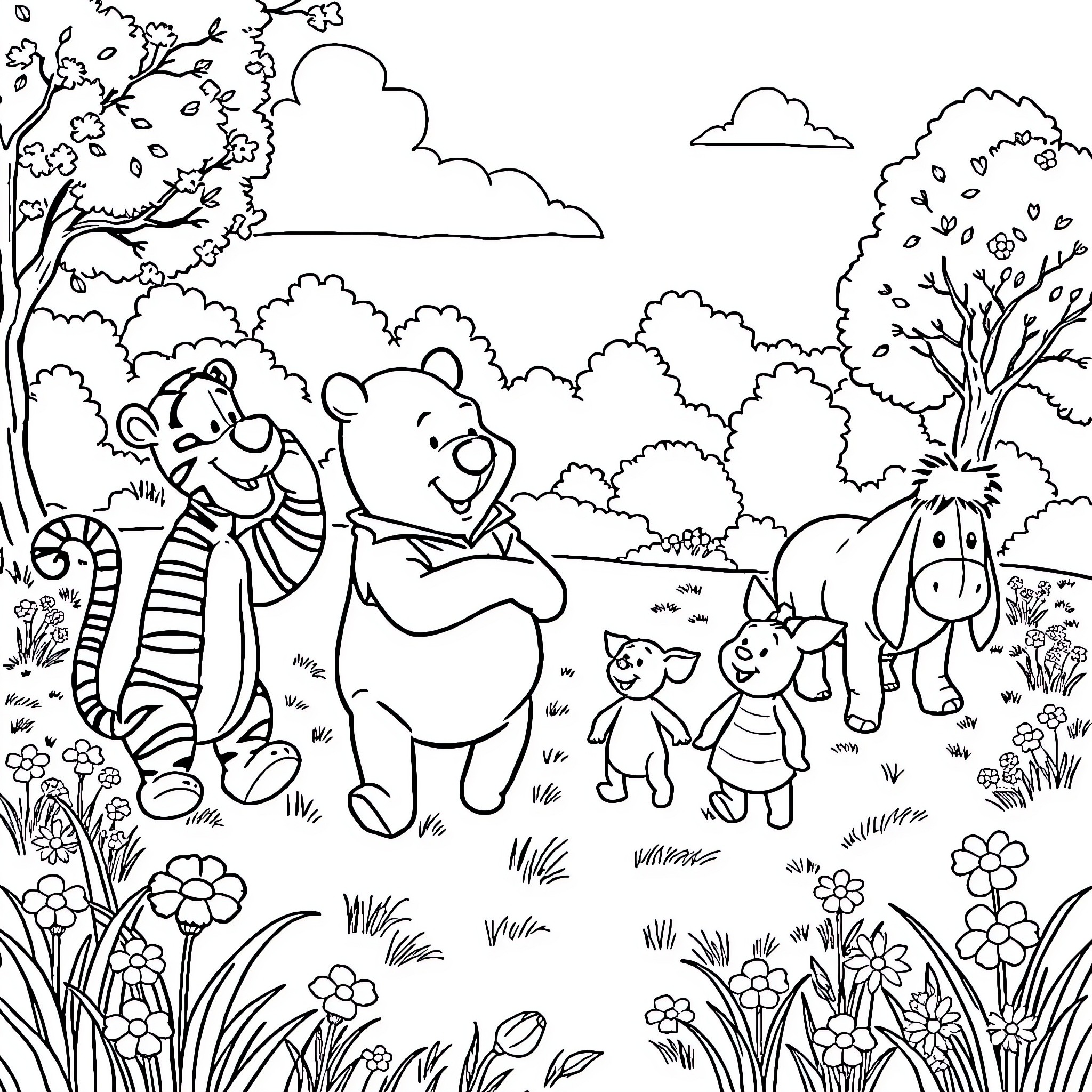 Winnie The Pooh and Friends Explore the Meadow Coloring Page (free black-and-white line drawing printable PDF for all, from beginners to advanced learners, including children, teens, adults, and seniors)