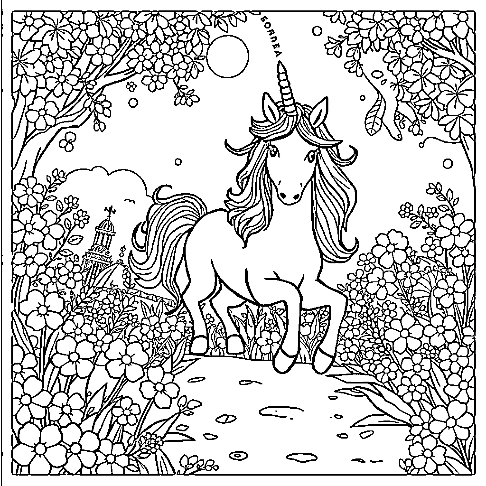 Unicorn frolicking in a whimsical floral garden Coloring Page (free black-and-white line drawing printable PDF for all, from beginners to advanced learners, including children, teens, adults, and seniors)