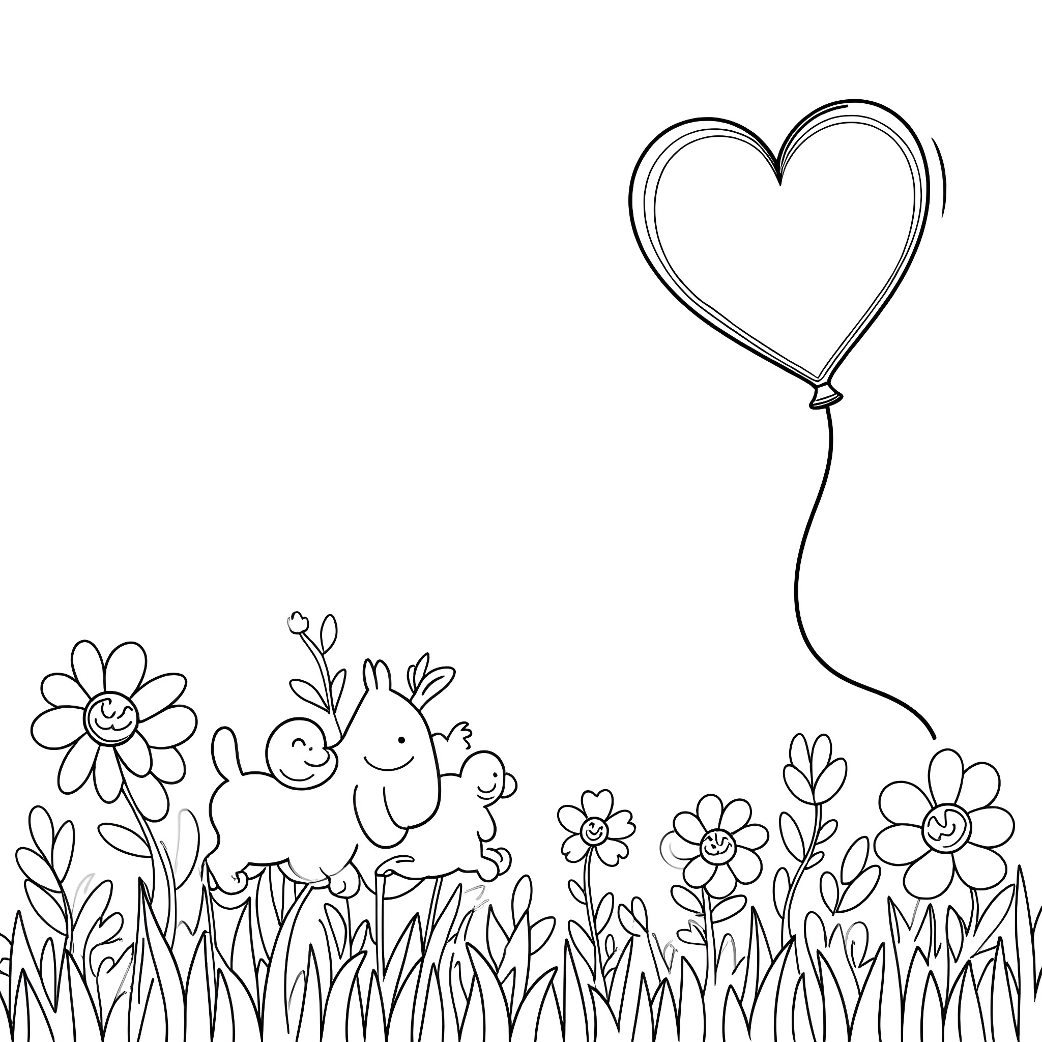 Love blooming in a floral garden Coloring Page (free black-and-white line drawing printable PDF for all, from beginners to advanced learners, including children, teens, adults, and seniors)