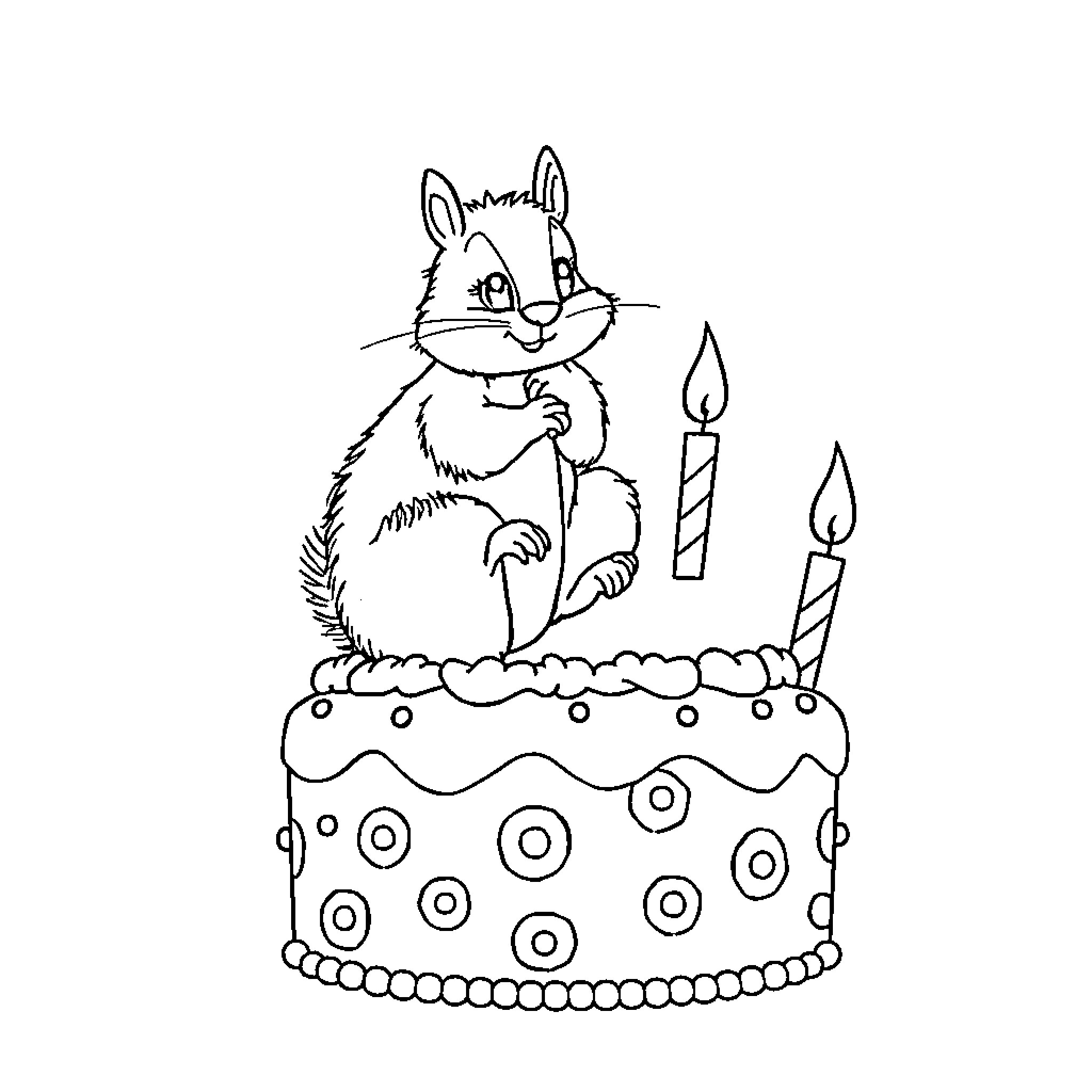 Squirrel celebrating with cake and candles Coloring Page (free black-and-white line drawing printable PDF for all, from beginners to advanced learners, including children, teens, adults, and seniors)