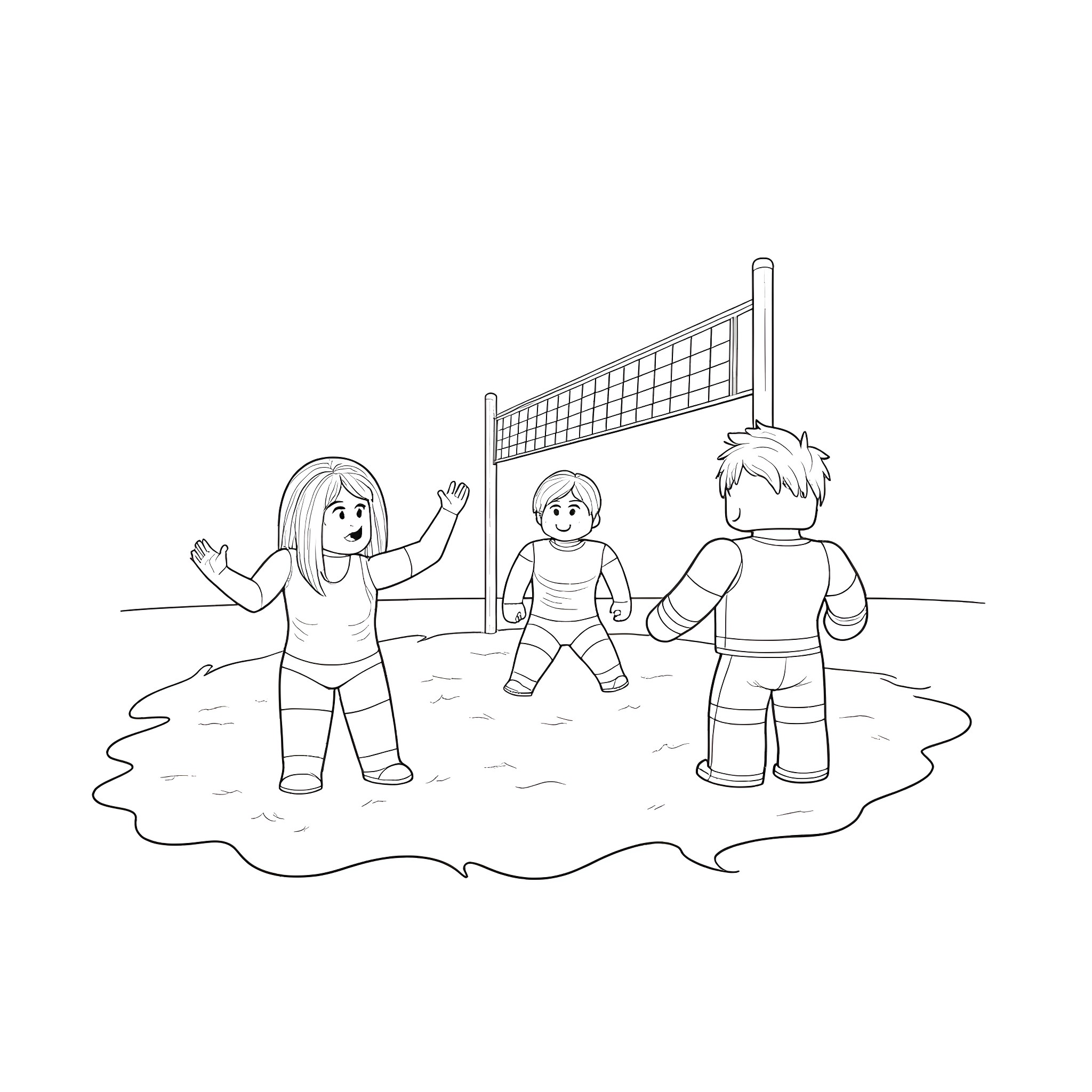 Roblox characters playing volleyball on the beach Coloring Page (free black-and-white line drawing printable PDF for all, from beginners to advanced learners, including children, teens, adults, and seniors)