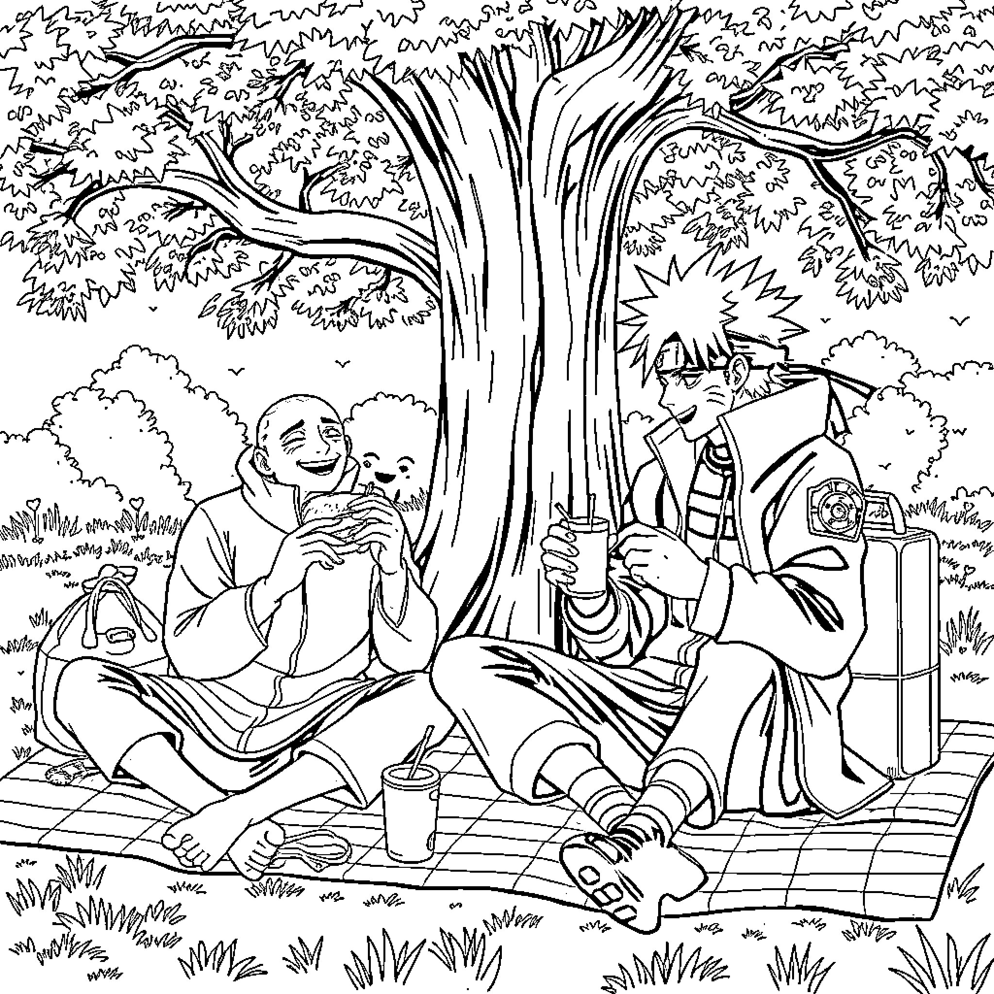 Gojo characters relaxing under the tree Coloring Page (free black-and-white line drawing printable PDF for all, from beginners to advanced learners, including children, teens, adults, and seniors)