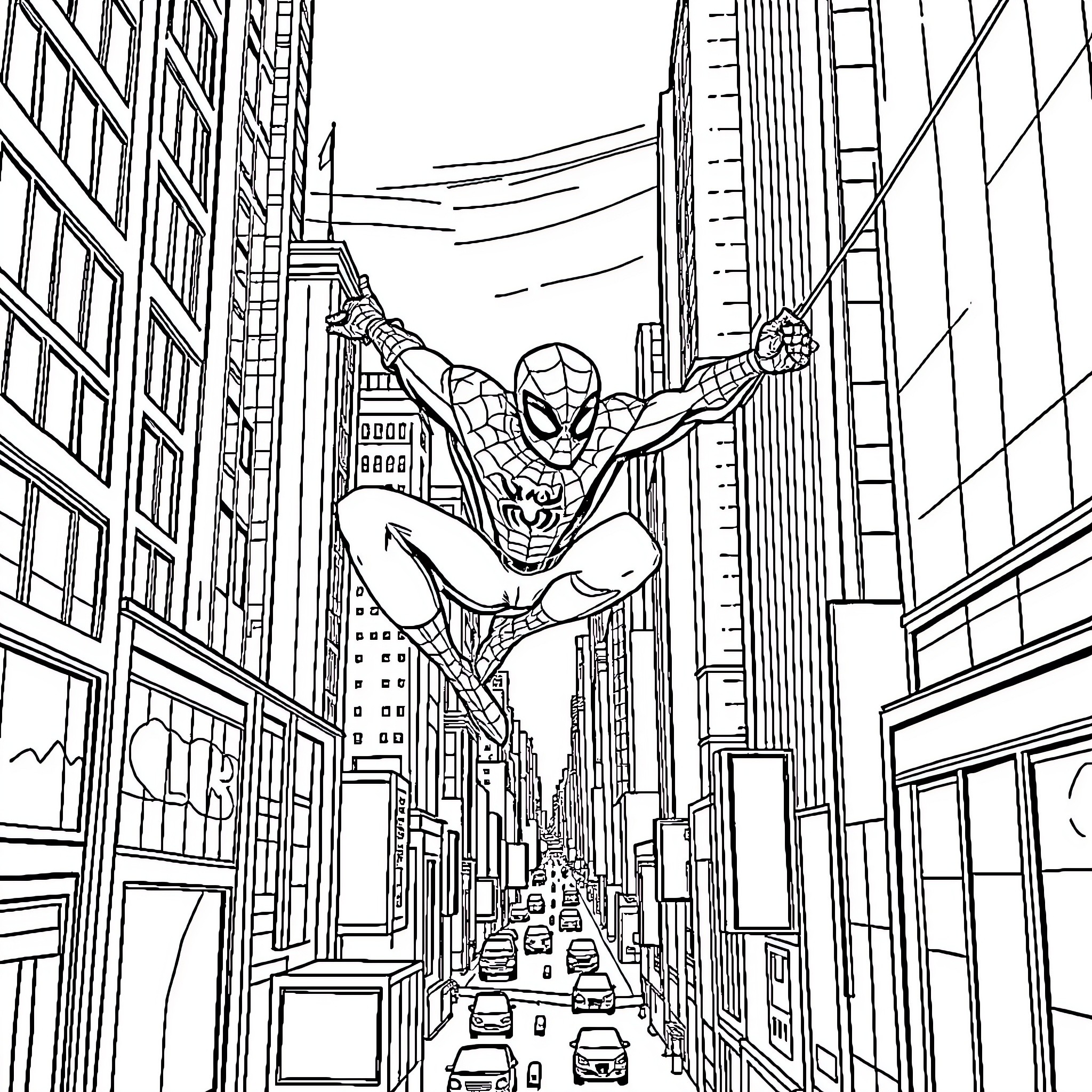 Spiderman swinging through the city streets Coloring Page (free black-and-white line drawing printable PDF for all, from beginners to advanced learners, including children, teens, adults, and seniors)