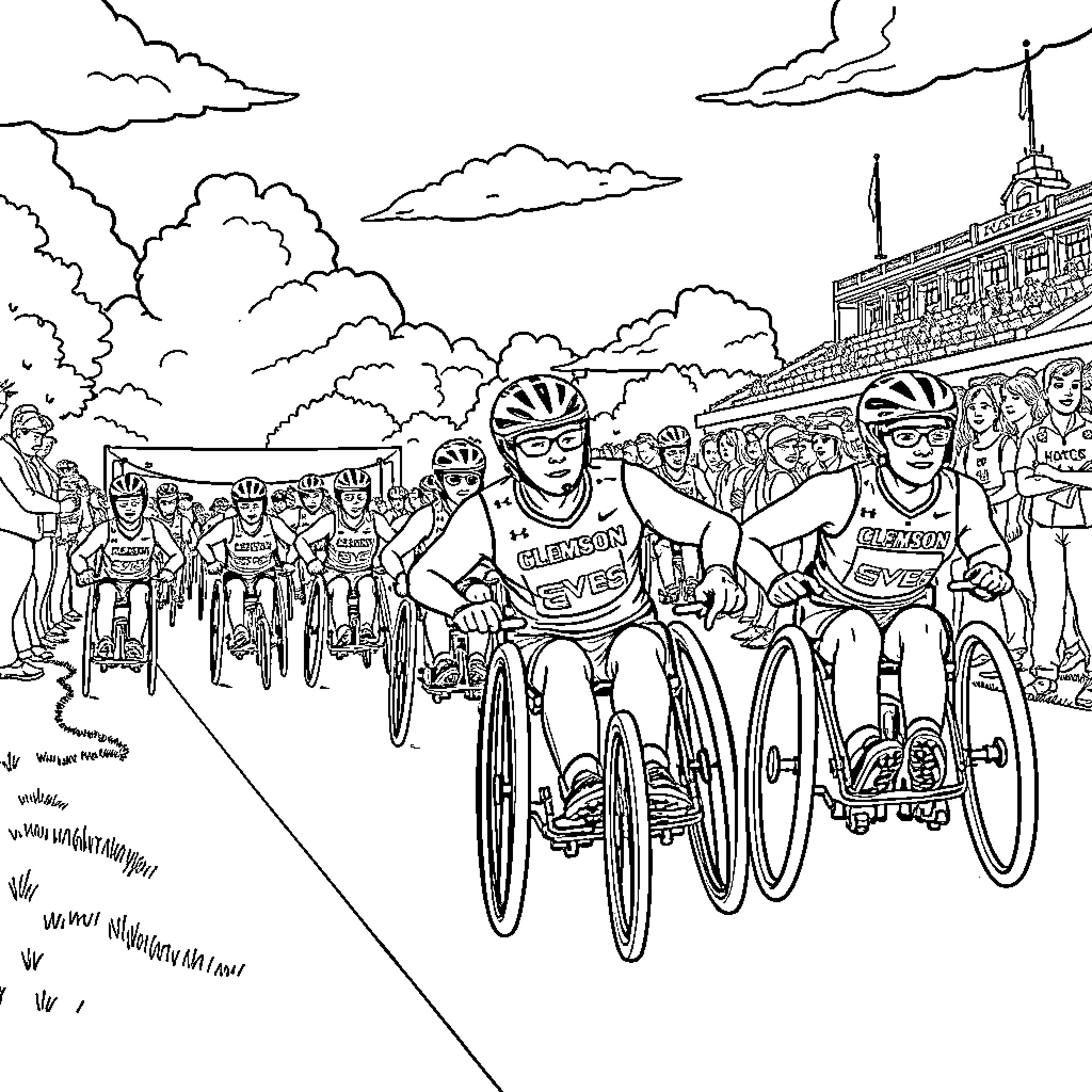 Wheelchair race in a bustling city scene Coloring Page (free black-and-white line drawing printable PDF for all, from beginners to advanced learners, including children, teens, adults, and seniors)