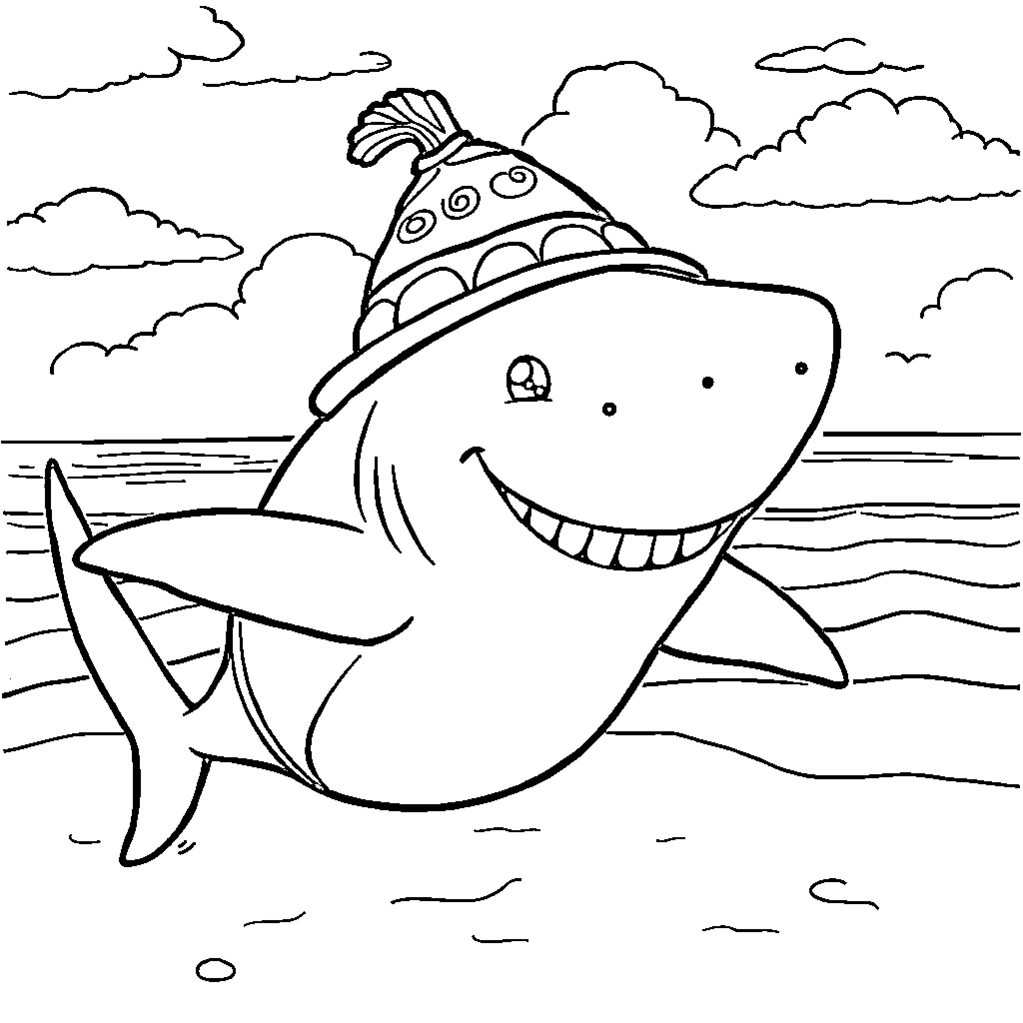 Shark wearing a party hat swimming in the ocean Coloring Page (free black-and-white line drawing printable PDF for all, from beginners to advanced learners, including children, teens, adults, and seniors)