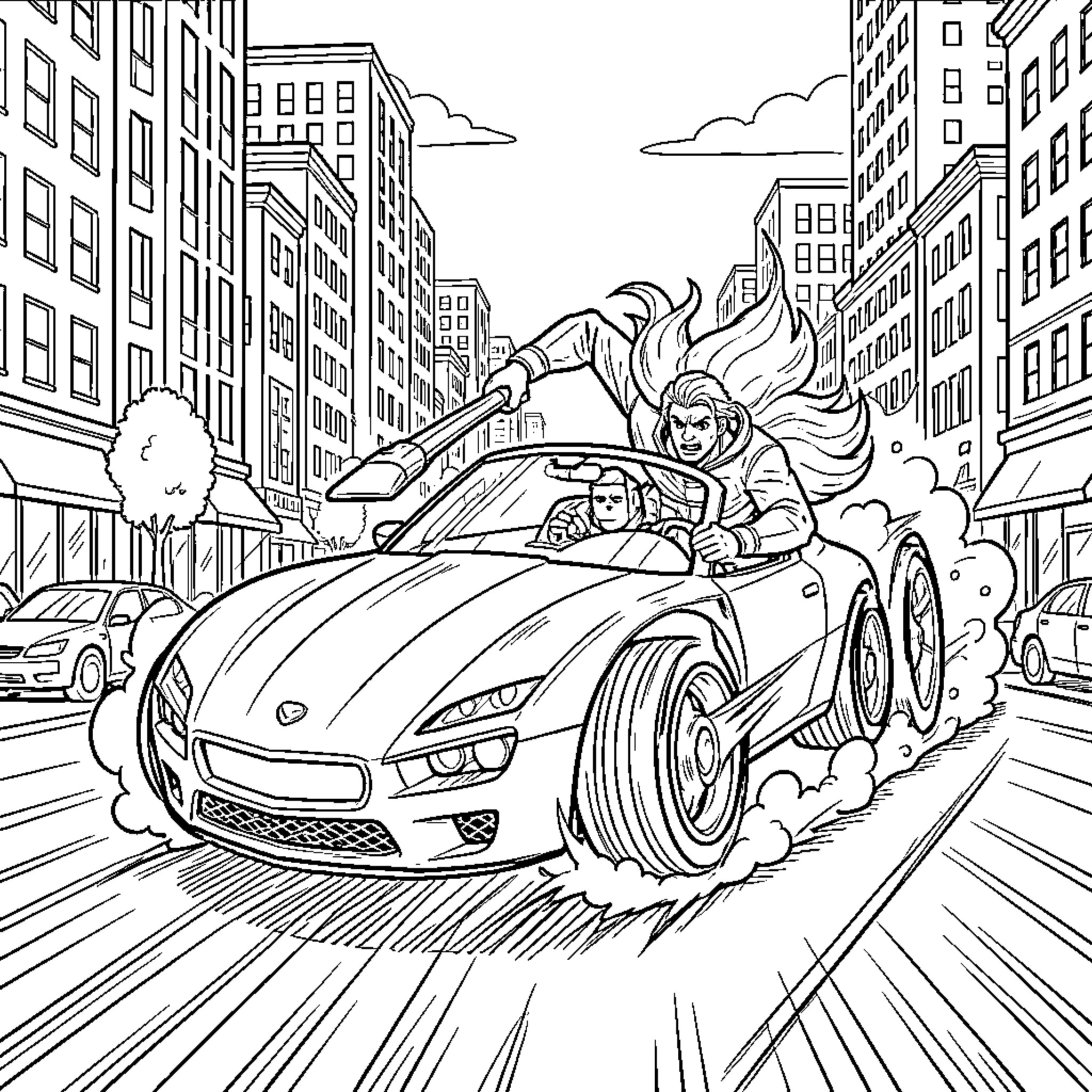 Turbo Boomer driving a fast car through city streets Coloring Page (free black-and-white line drawing printable PDF for all, from beginners to advanced learners, including children, teens, adults, and seniors)