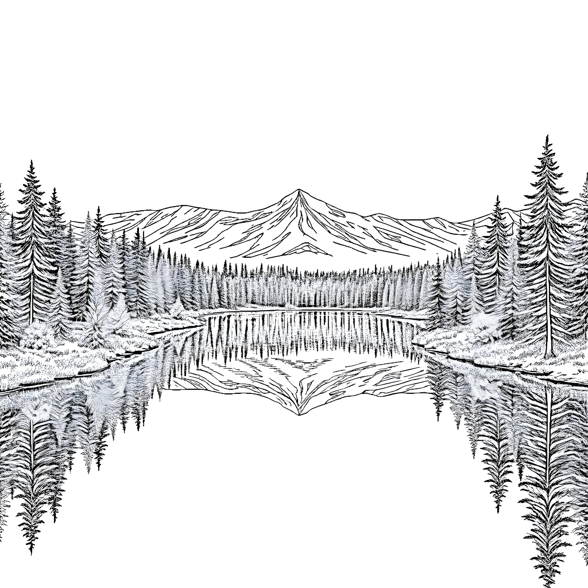 Lake Surrounded by Snowy Mountains and Evergreen Forest Coloring Page (free black-and-white line drawing printable PDF for all, from beginners to advanced learners, including children, teens, adults, and seniors)