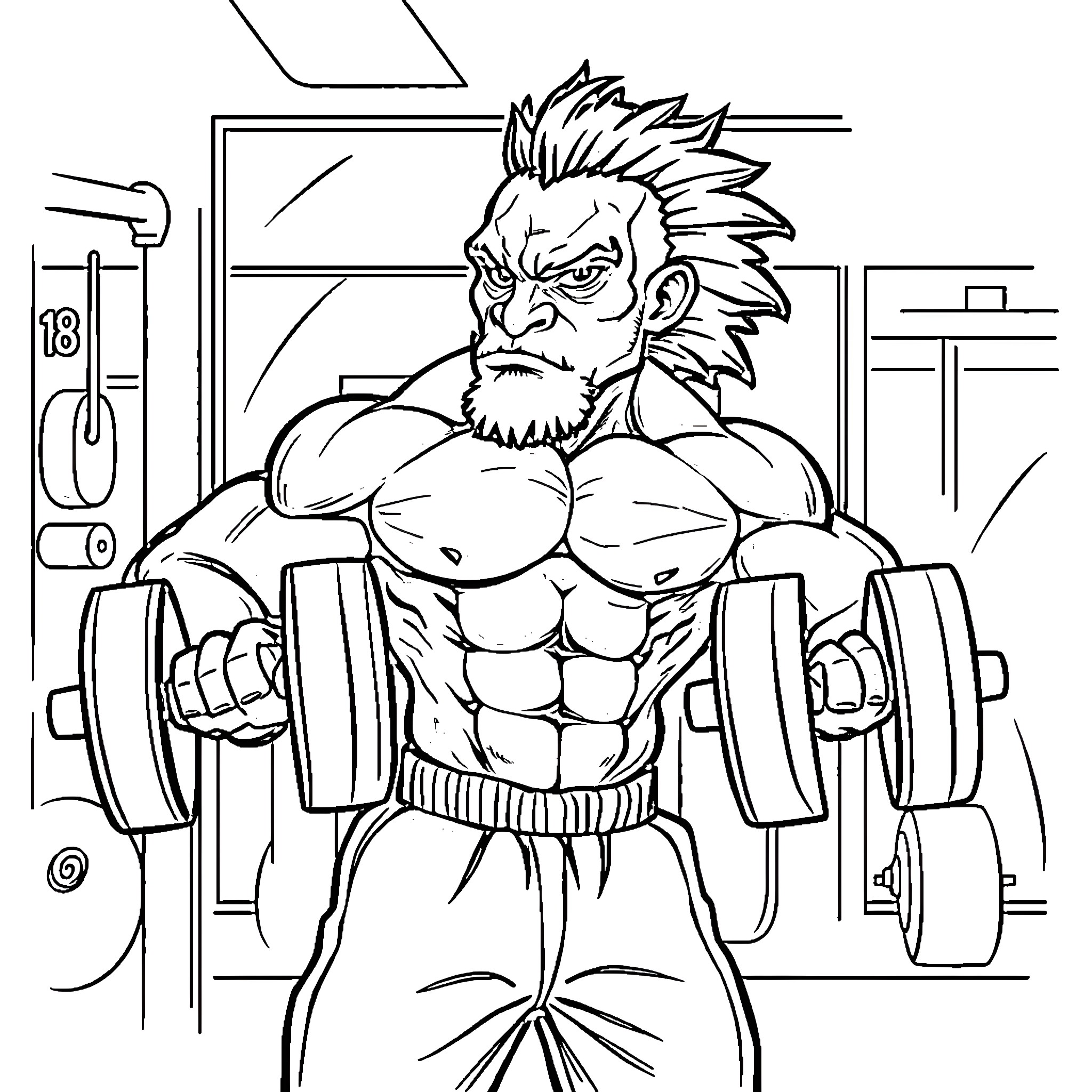 Labubu working out in the gym Coloring Page (free black-and-white line drawing printable PDF for all, from beginners to advanced learners, including children, teens, adults, and seniors)