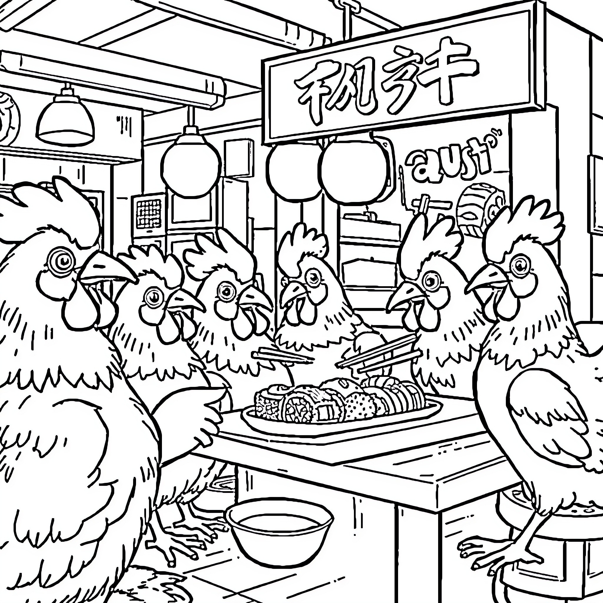 Chicken family dining at a local restaurant Coloring Page (free black-and-white line drawing printable PDF for all, from beginners to advanced learners, including children, teens, adults, and seniors)