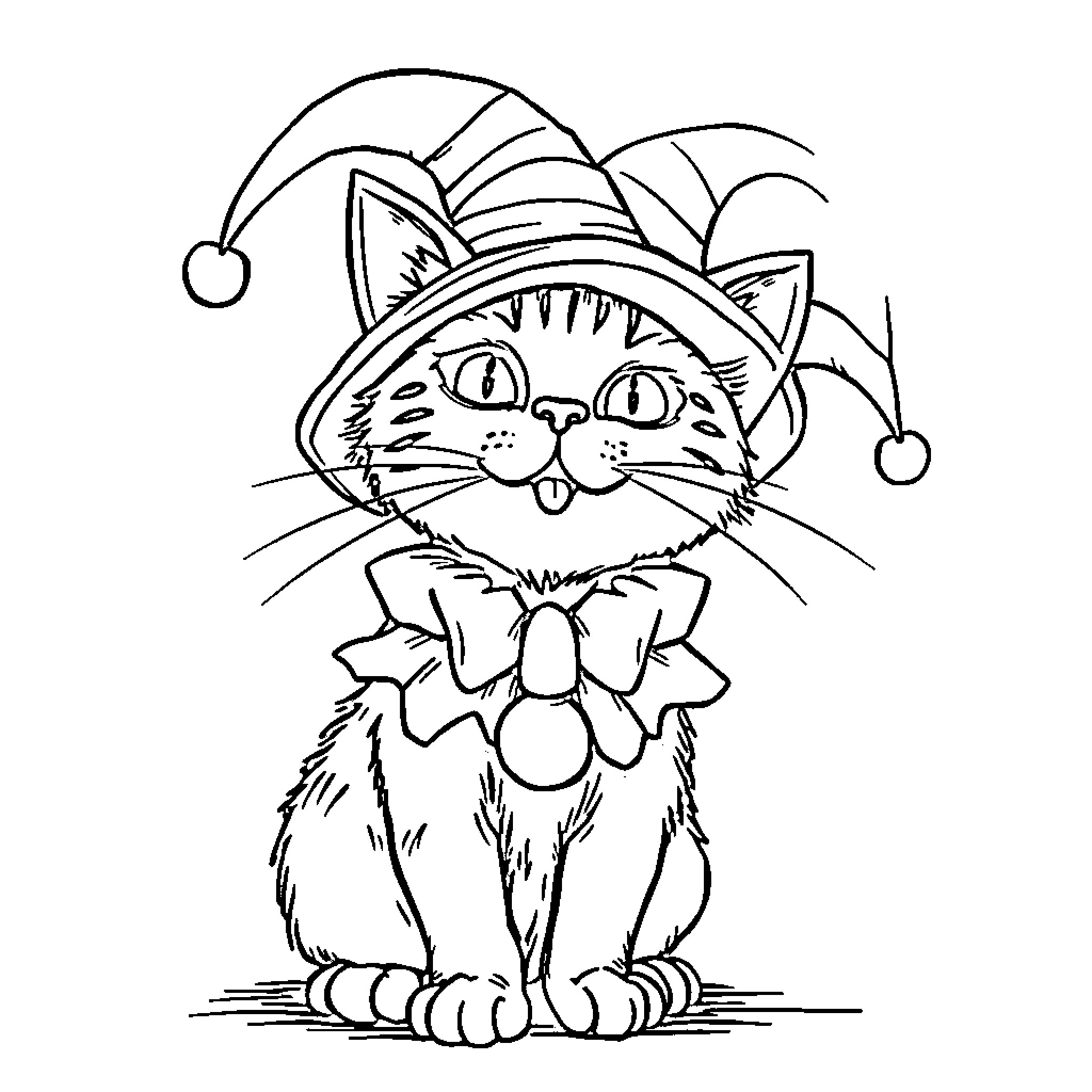 Cat in Jester Hat with Bow Tie Coloring Page (free black-and-white line drawing printable PDF for all, from beginners to advanced learners, including children, teens, adults, and seniors)