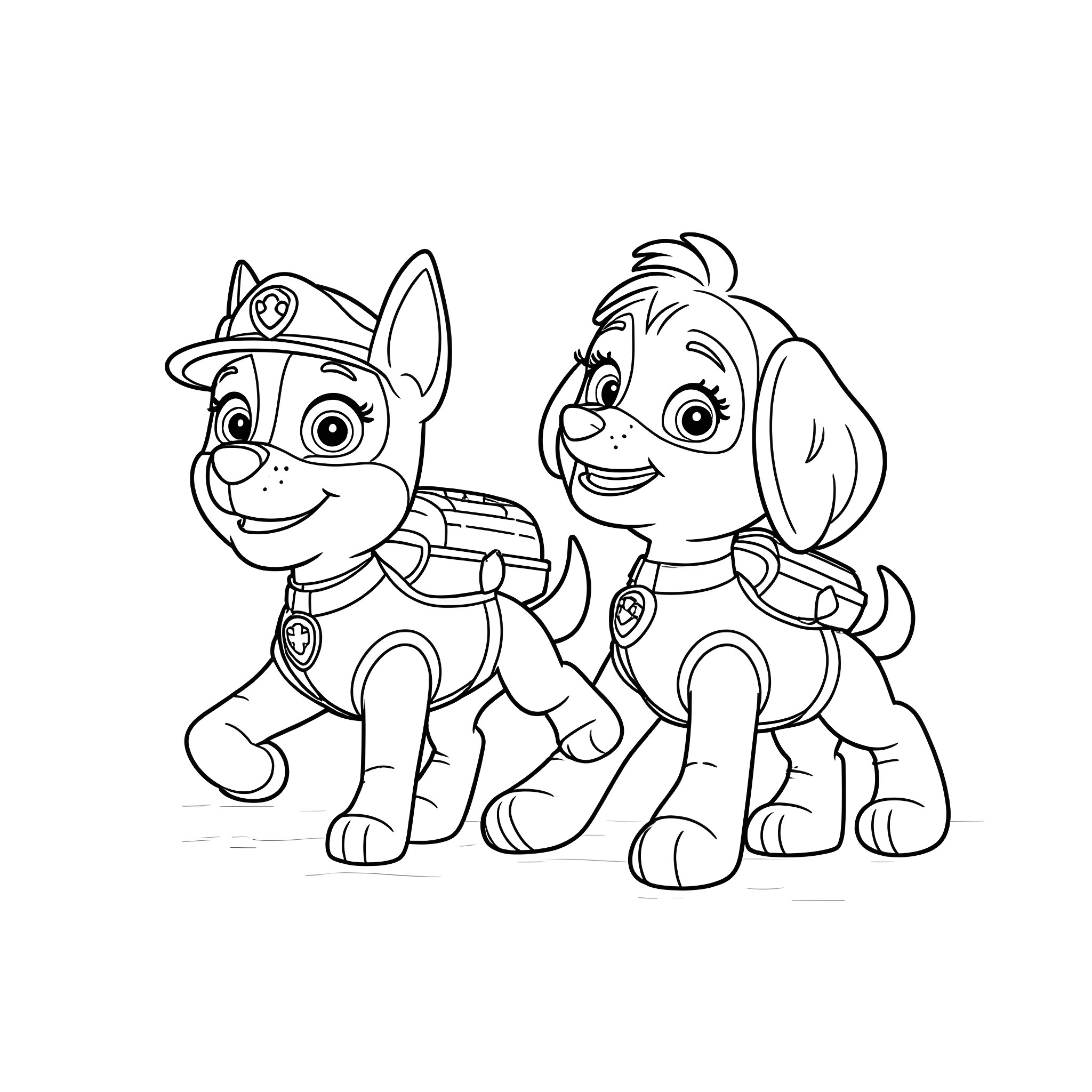 Paw Patrol: Two pups in action poses Coloring Page (free black-and-white line drawing printable PDF for all, from beginners to advanced learners, including children, teens, adults, and seniors)