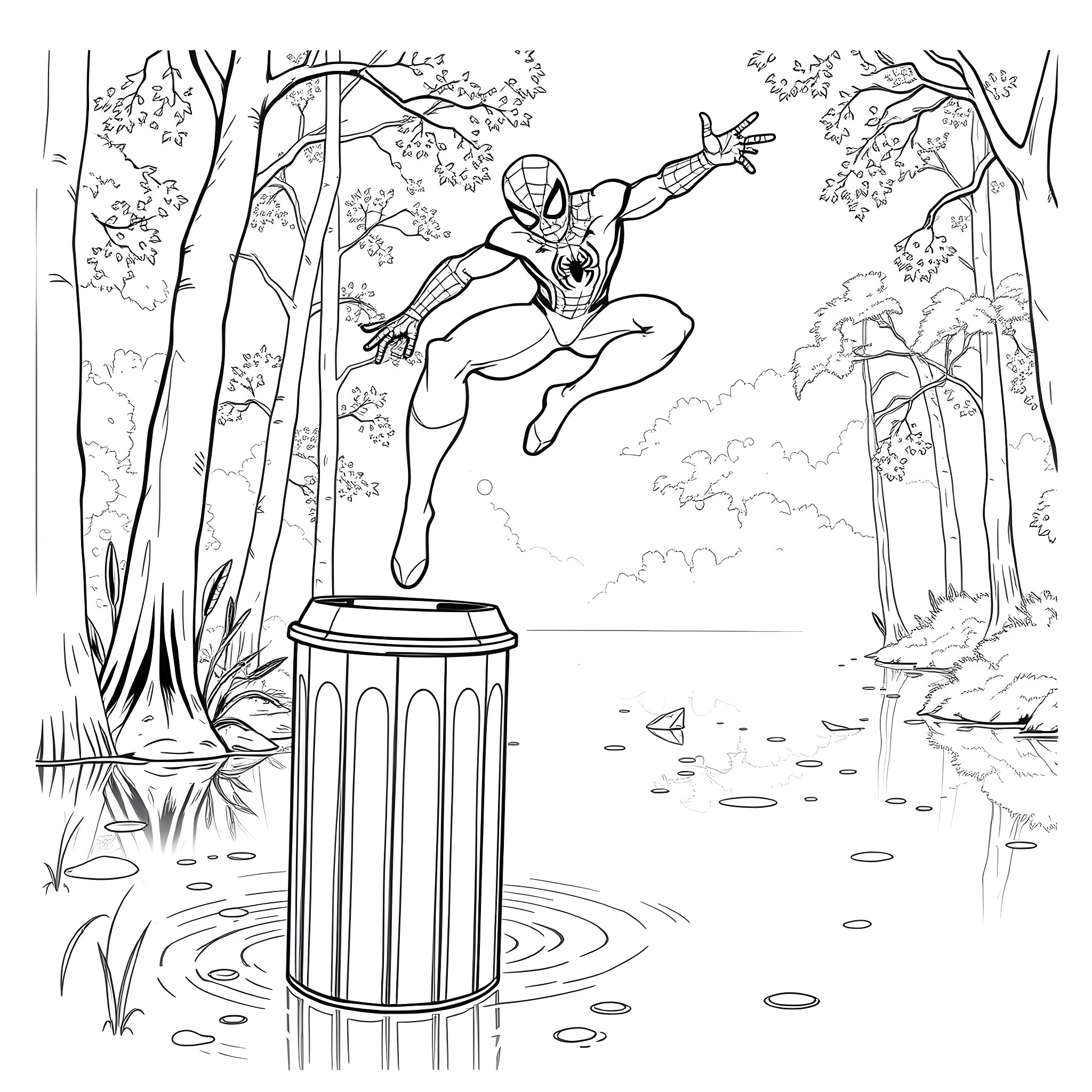 Spiderman swinging through the forest Coloring Page (free black-and-white line drawing printable PDF for all, from beginners to advanced learners, including children, teens, adults, and seniors)