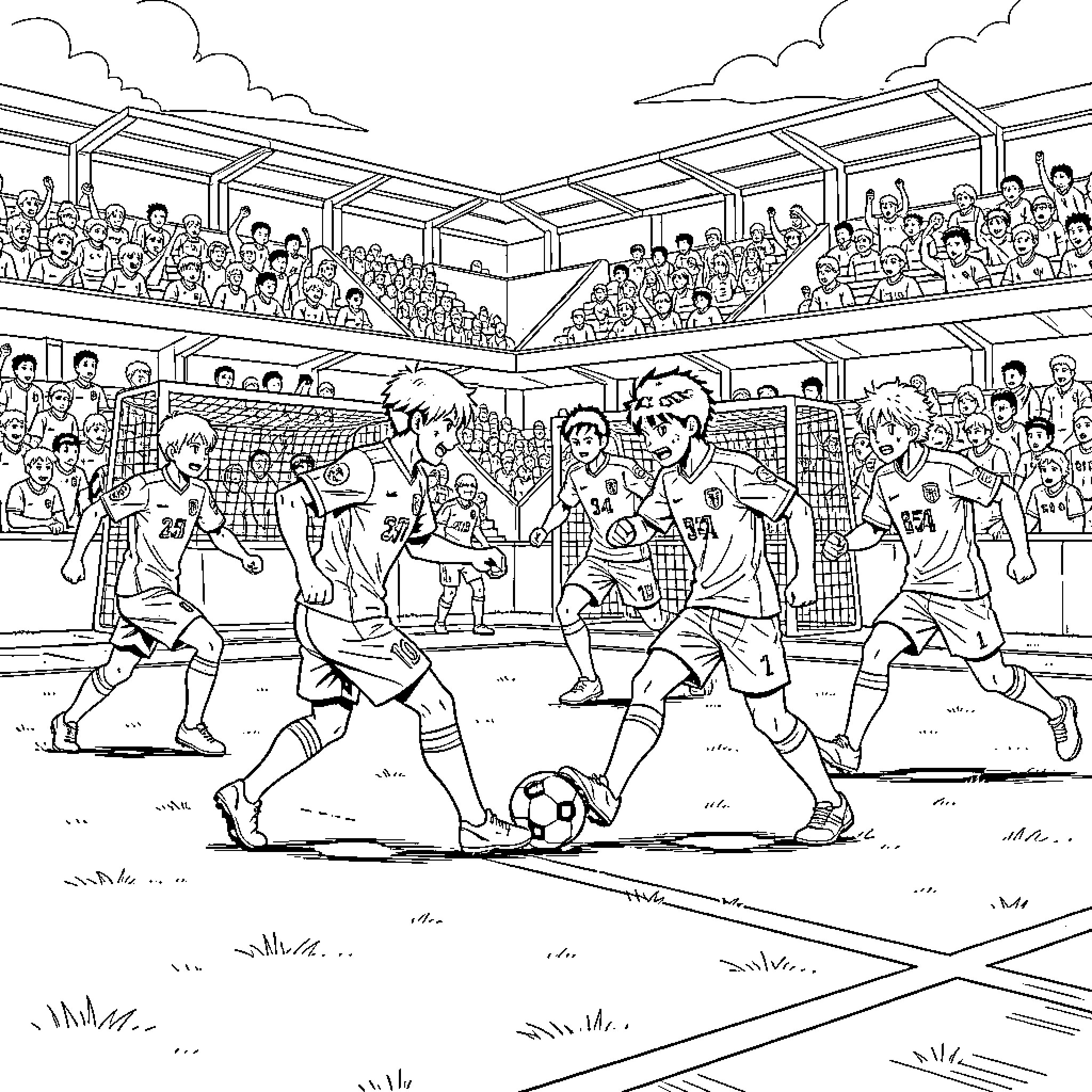 Blue Lock Character playing soccer in a stadium Coloring Page (free black-and-white line drawing printable PDF for all, from beginners to advanced learners, including children, teens, adults, and seniors)