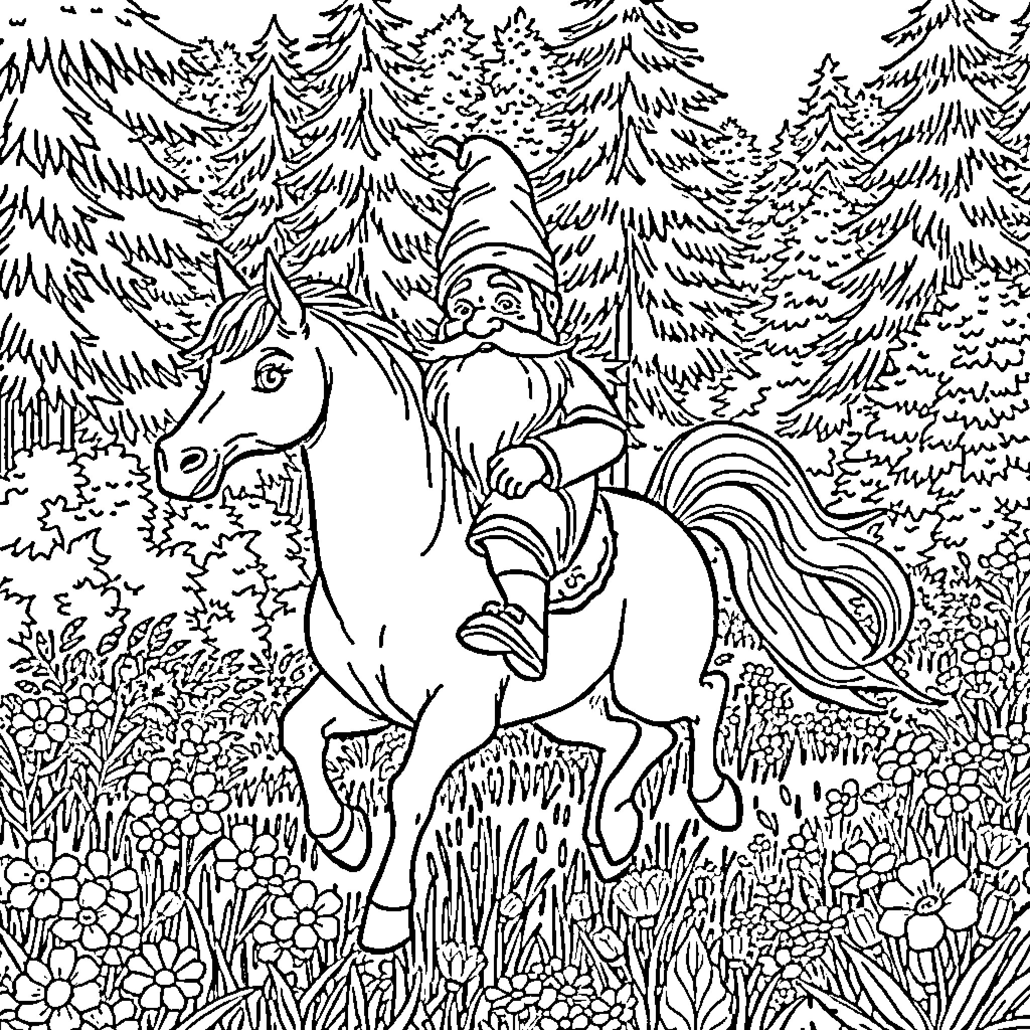 Gnome riding a horse through a magical forest Coloring Page (free black-and-white line drawing printable PDF for all, from beginners to advanced learners, including children, teens, adults, and seniors)