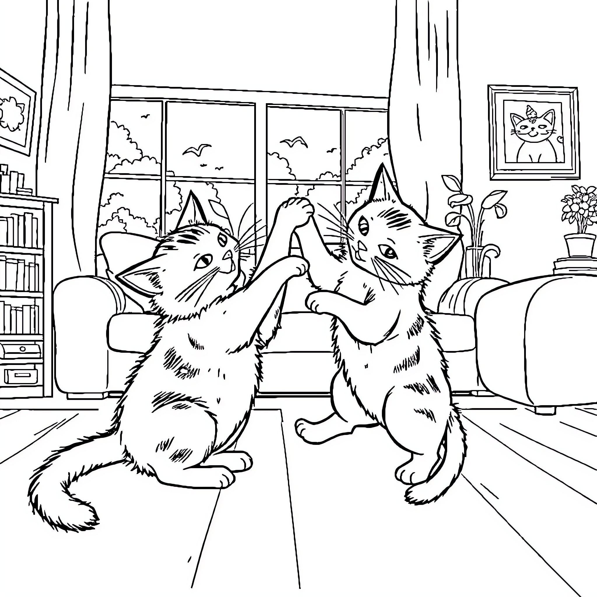 Cats Playing Indoors by the Window Coloring Page (free black-and-white line drawing printable PDF for all, from beginners to advanced learners, including children, teens, adults, and seniors)