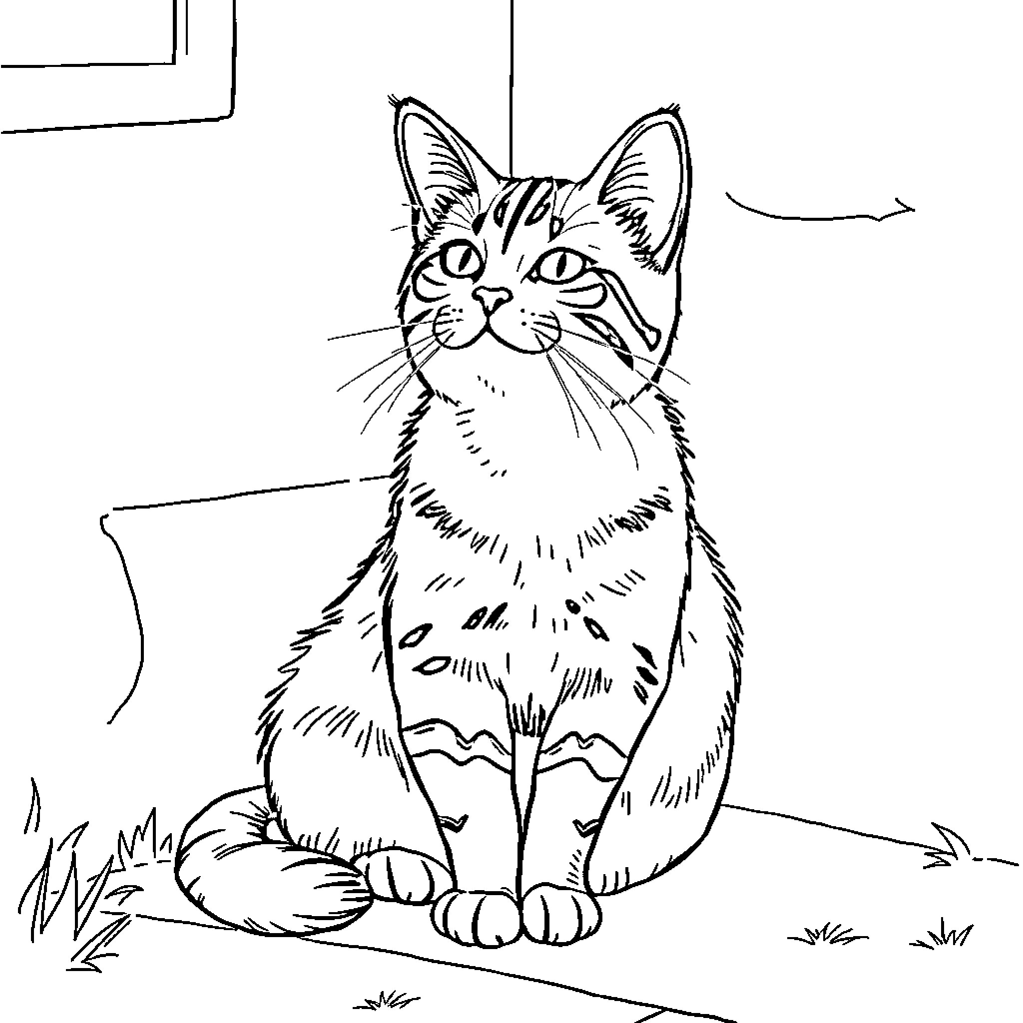 Tabby Cat sitting content in the grass Coloring Page (free black-and-white line drawing printable PDF for all, from beginners to advanced learners, including children, teens, adults, and seniors)