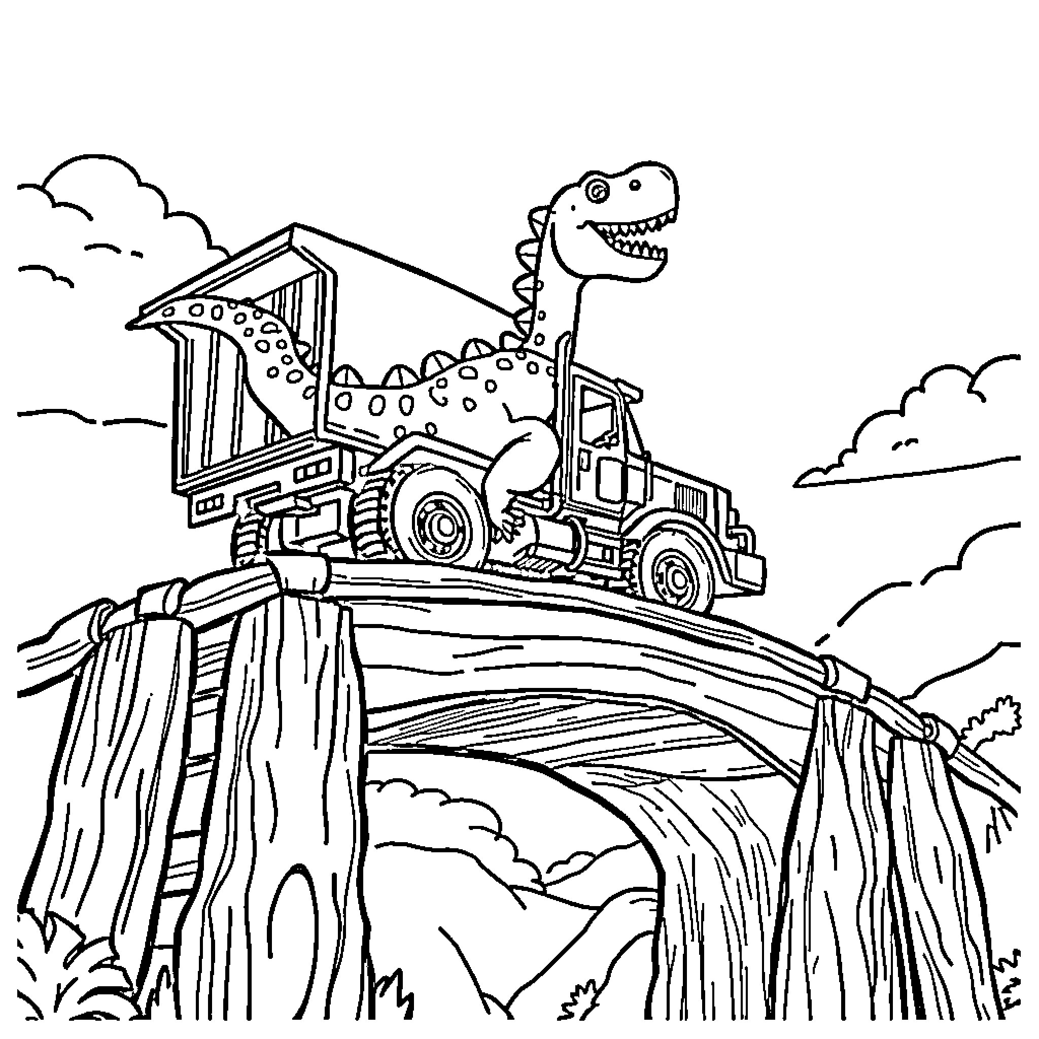 Dino riding a train over a bridge in a scenic landscape Coloring Page (free black-and-white line drawing printable PDF for all, from beginners to advanced learners, including children, teens, adults, and seniors)