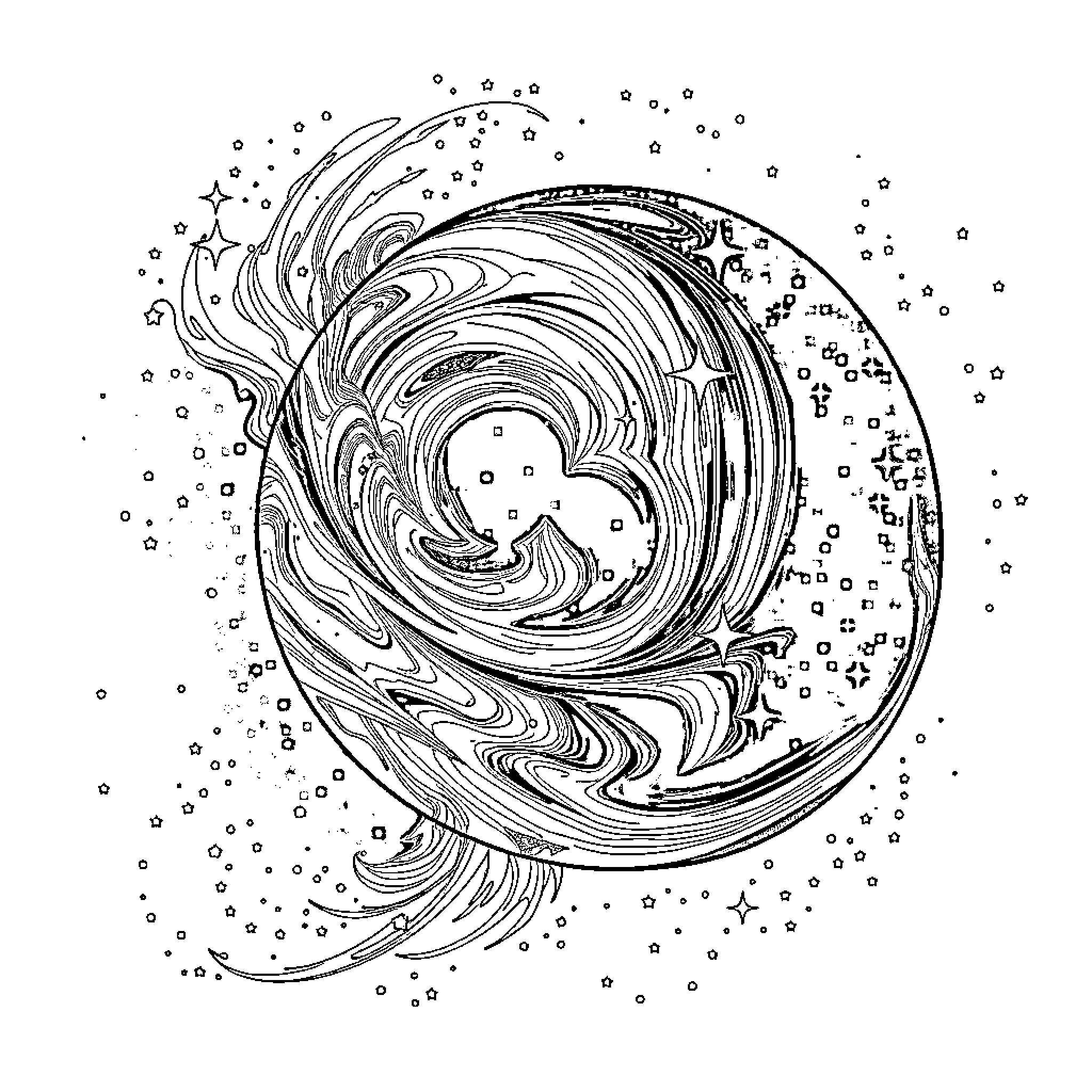 Planet of swirling cosmic energy Coloring Page (free black-and-white line drawing printable PDF for all, from beginners to advanced learners, including children, teens, adults, and seniors)
