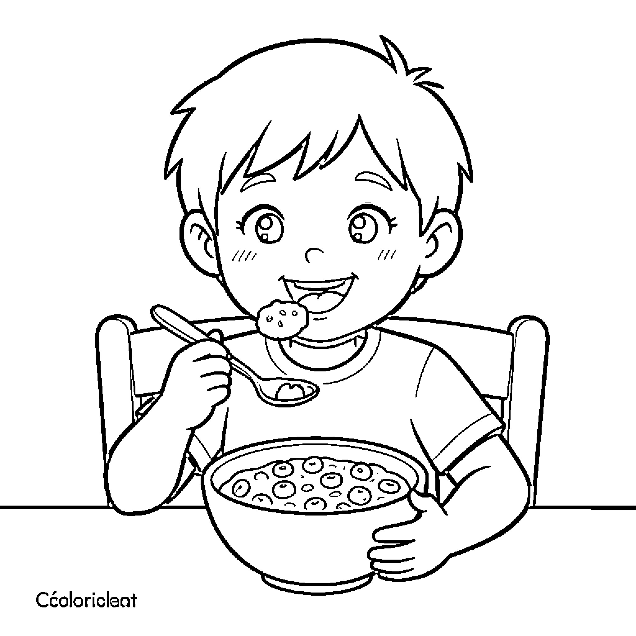 Kid eating a bowl of cereal with a spoon Coloring Page (free black-and-white line drawing printable PDF for all, from beginners to advanced learners, including children, teens, adults, and seniors)