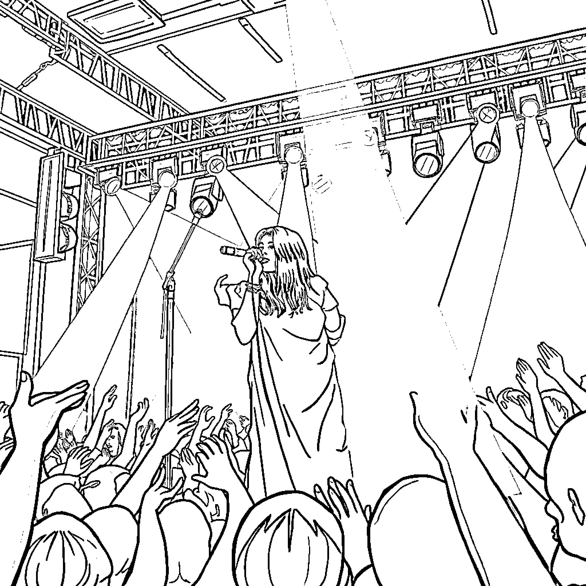 Billie Eilish performing on stage in front of crowd Coloring Page (free black-and-white line drawing printable PDF for all, from beginners to advanced learners, including children, teens, adults, and seniors)